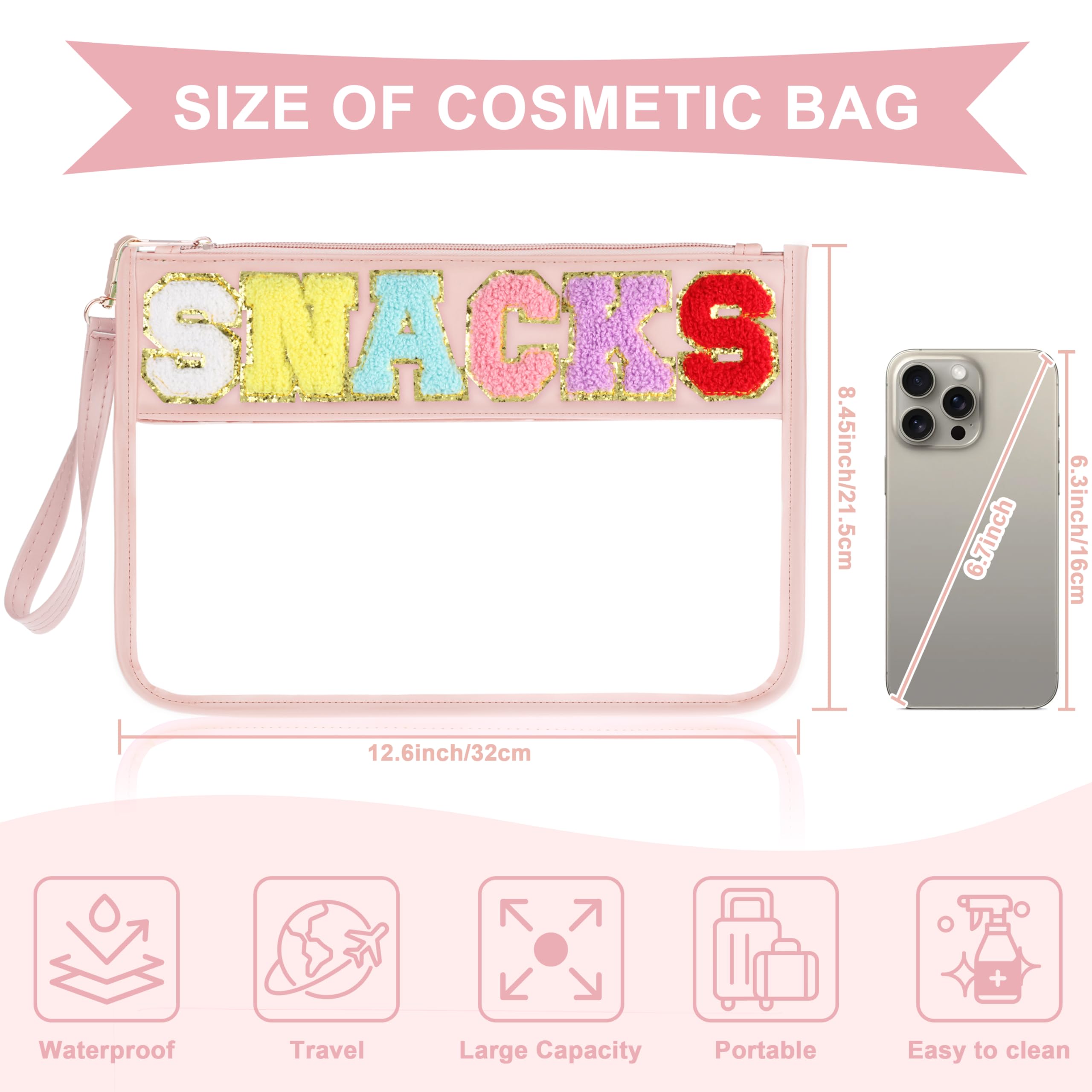 Clear Chenille Varsity Letter Zipper Pouch - Waterproof PVC & PU Travel Snack Bag, Cosmetic Tote for Women | Perfect for School, Gym, Beach & Daily Use (Pinkish-Snack)