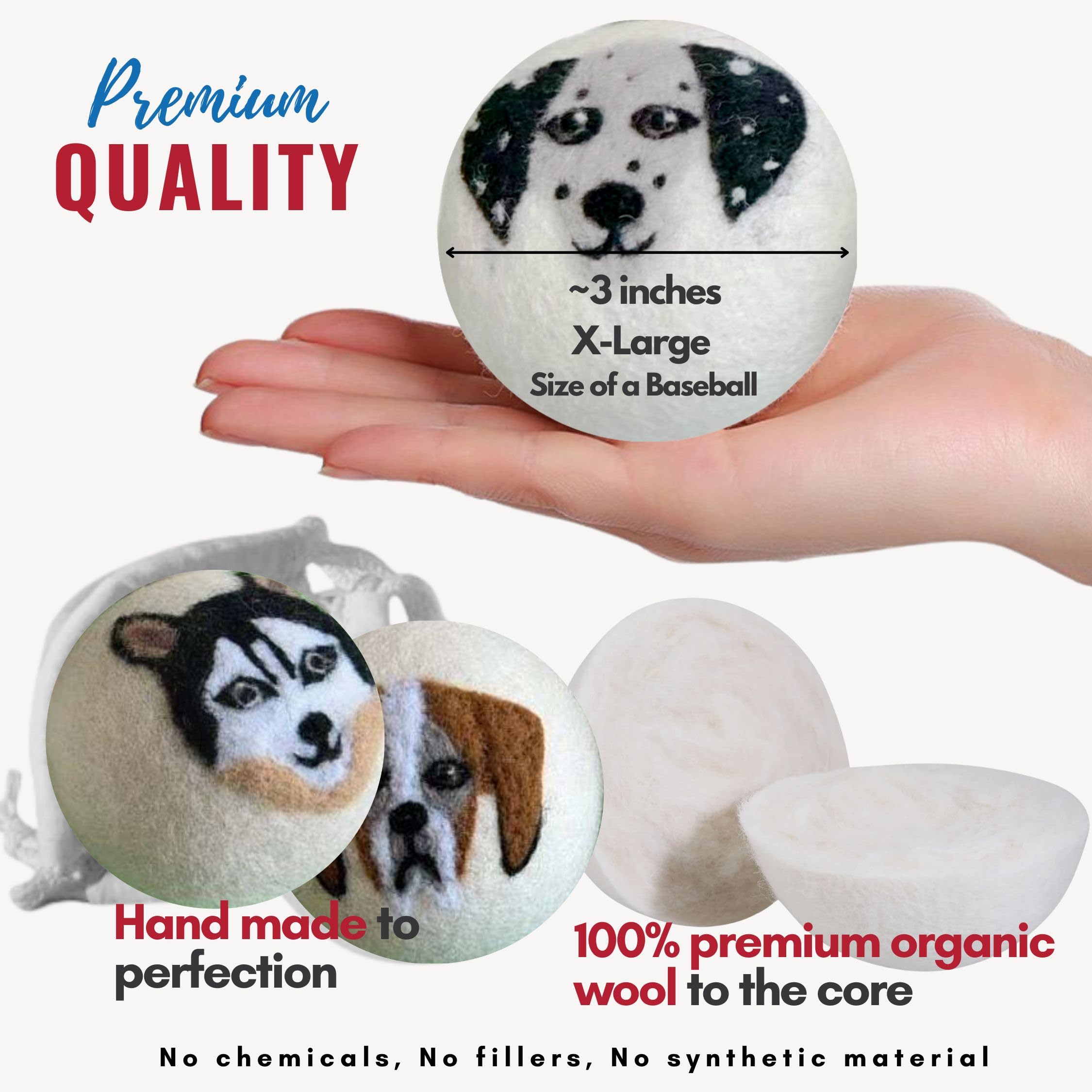 Organic Wool Dryer Balls XL 6-Pack | Handmade Puppy Dog Face Design | Natural Fabric Softener & Wrinkle Reducer | Reusable, Eco-Friendly Laundry Helper for Baby Clothes, Sensitive Skin & Sustainable Homes