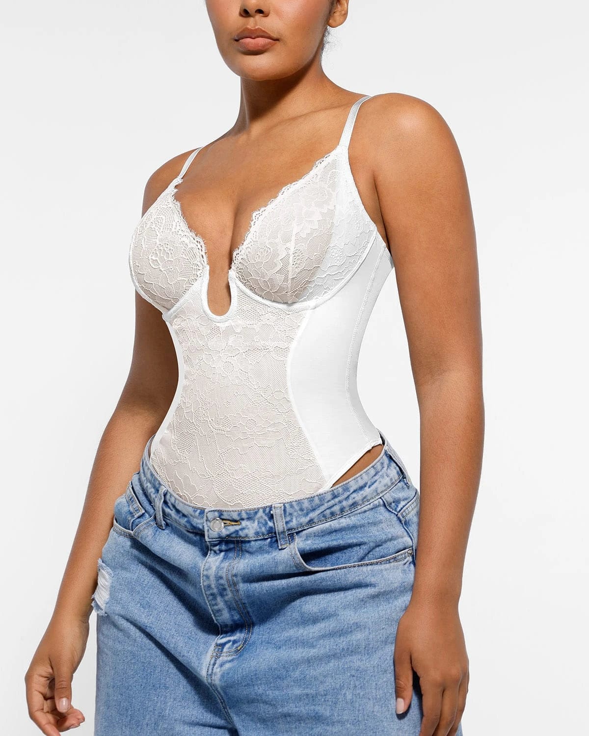 Sexy Lace Plunge Thong Bodysuit - Supportive Shapewear for Women | Perfect for Date Night, Bridal Lingerie & Special Occasions