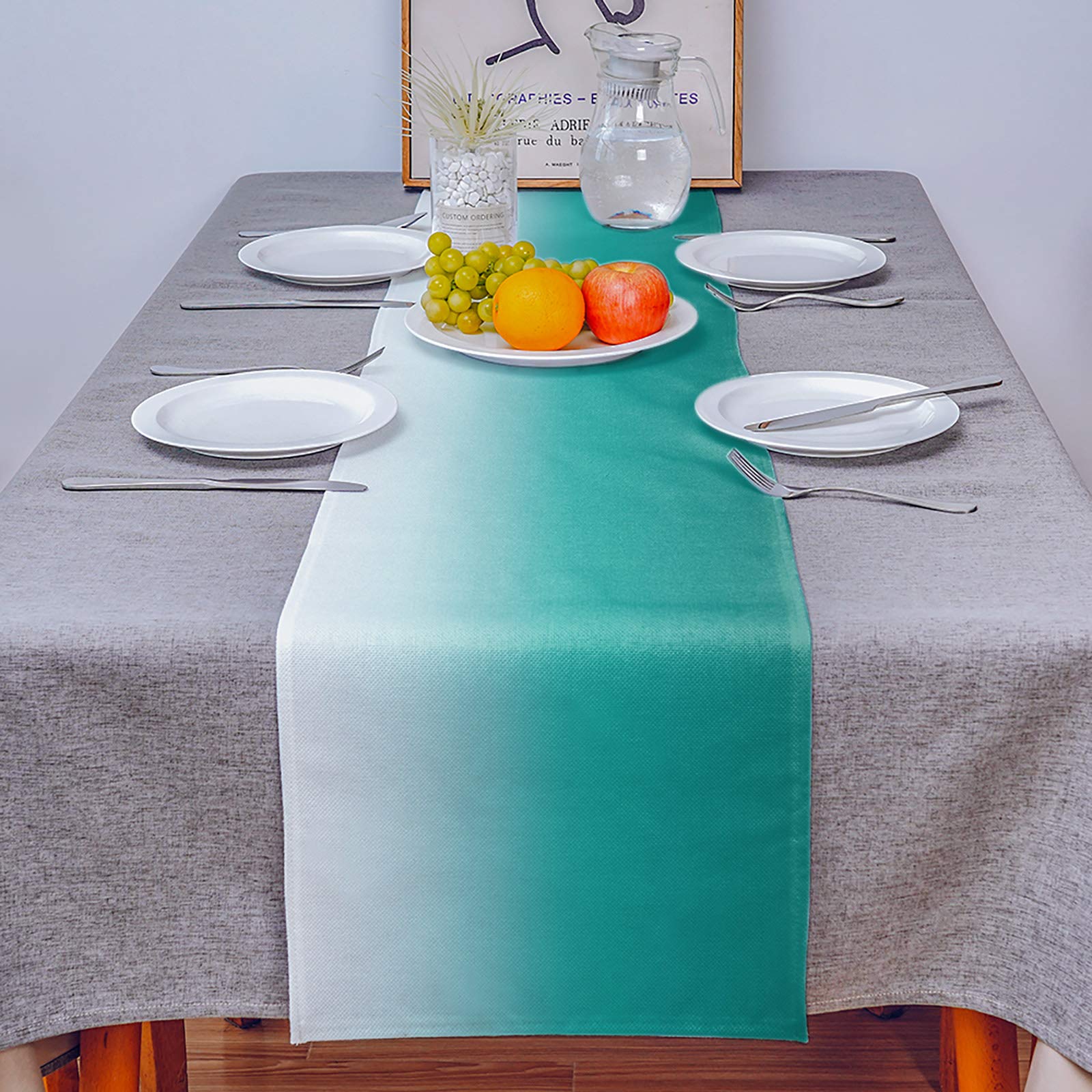 Ombre Turquoise Cotton Linen Table Runner - 16x72 Inch Teal White Gradient Rectangular Table Cover for Wedding, Holiday Party, Farmhouse Kitchen & Dinner Decor | Dresser Scarf, Table Setting Accessory