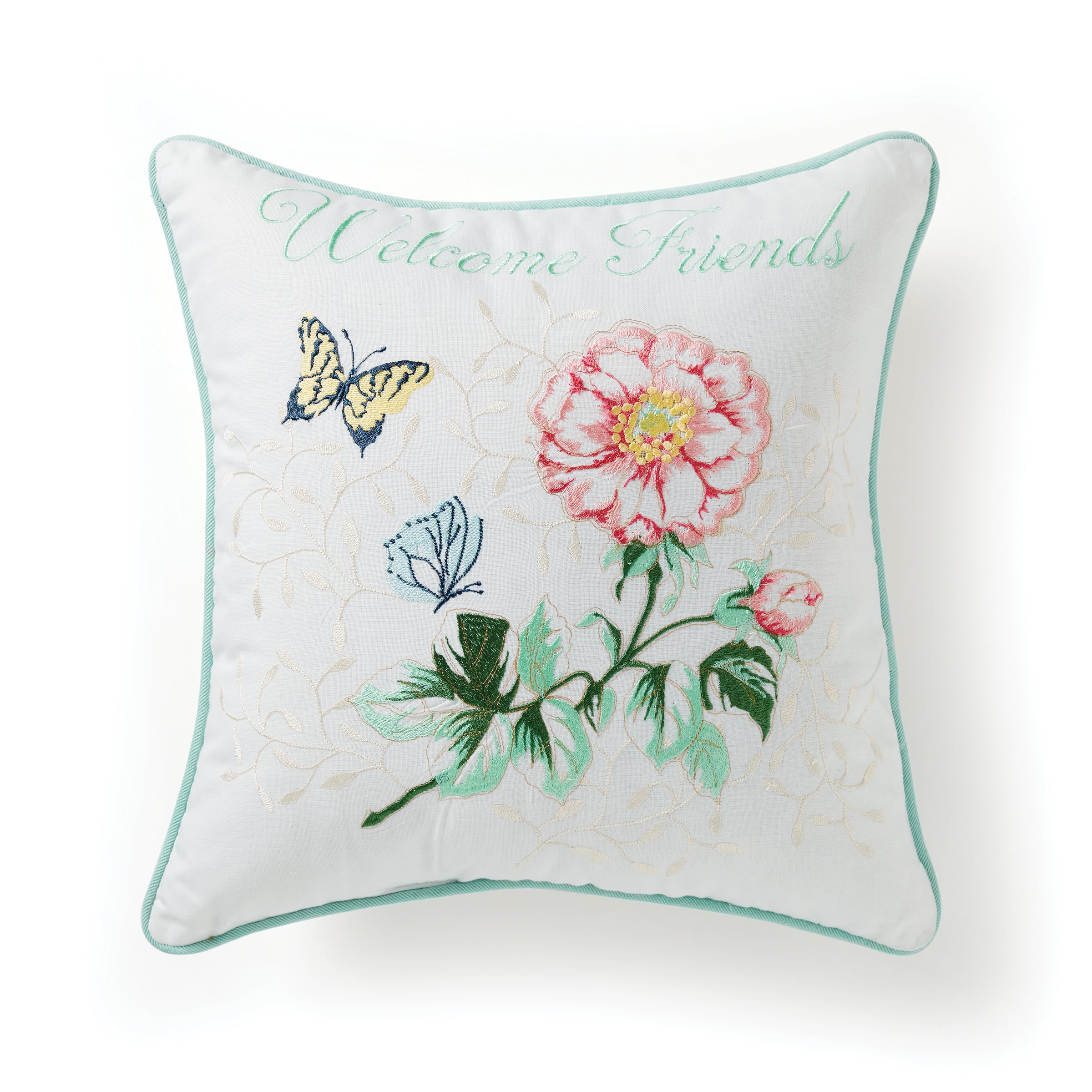 Butterfly Meadow Welcome Friends Decorative Throw Pillow 18x18 Inches - Perfect for Living Room, Bedroom, or Porch Decor