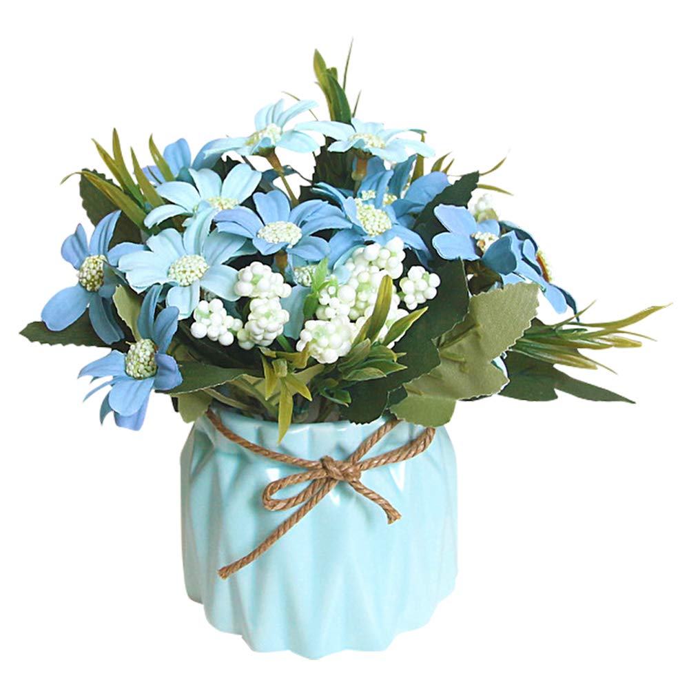 Blue Ceramic Potted Artificial Daisy Bonsai - Home & Office Decor for Living Room, Bedroom, Desk, Shelf (Faux Flower Arrangement)