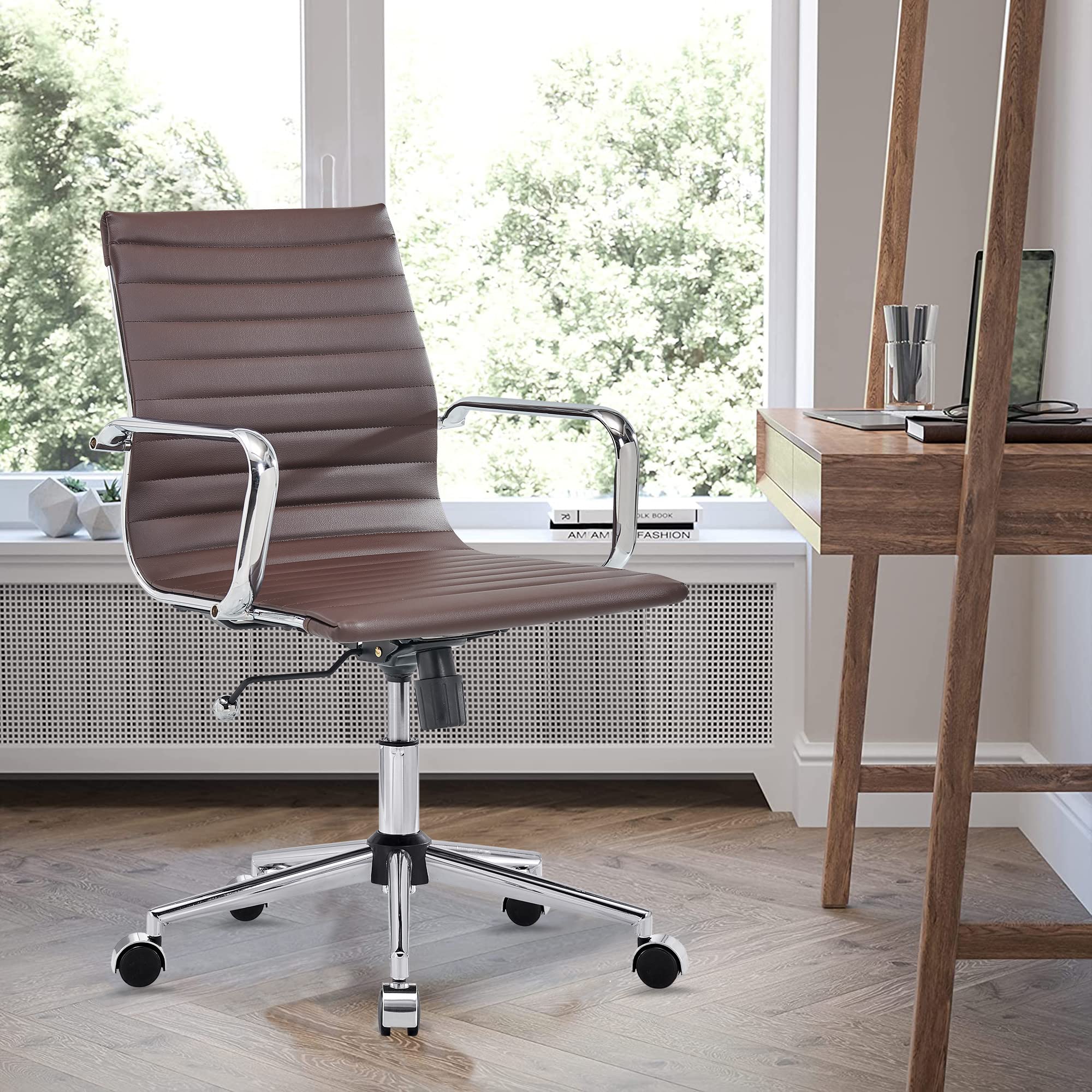 Ergonomic Leather Office Chair - Modern Swivel Executive Desk Chair with Ribbed Design for Home Office & Conference Room - Comfortable Rolling Task Chair for Computer Work & Long Hours Sitting