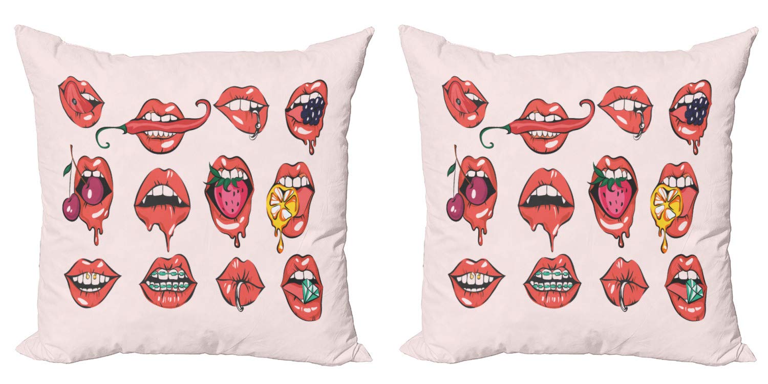 Ambesonne 2-Pack Decorative Throw Pillow Covers - Juicy Fruit Lips Biting Strawberry with Braces & Pierced Tongue Design, 20 Inch Multicolor Cushion Covers for Couch, Bedroom & Living Room | Perfect for Home Decor, Teen Room & Unique Gift Ideas