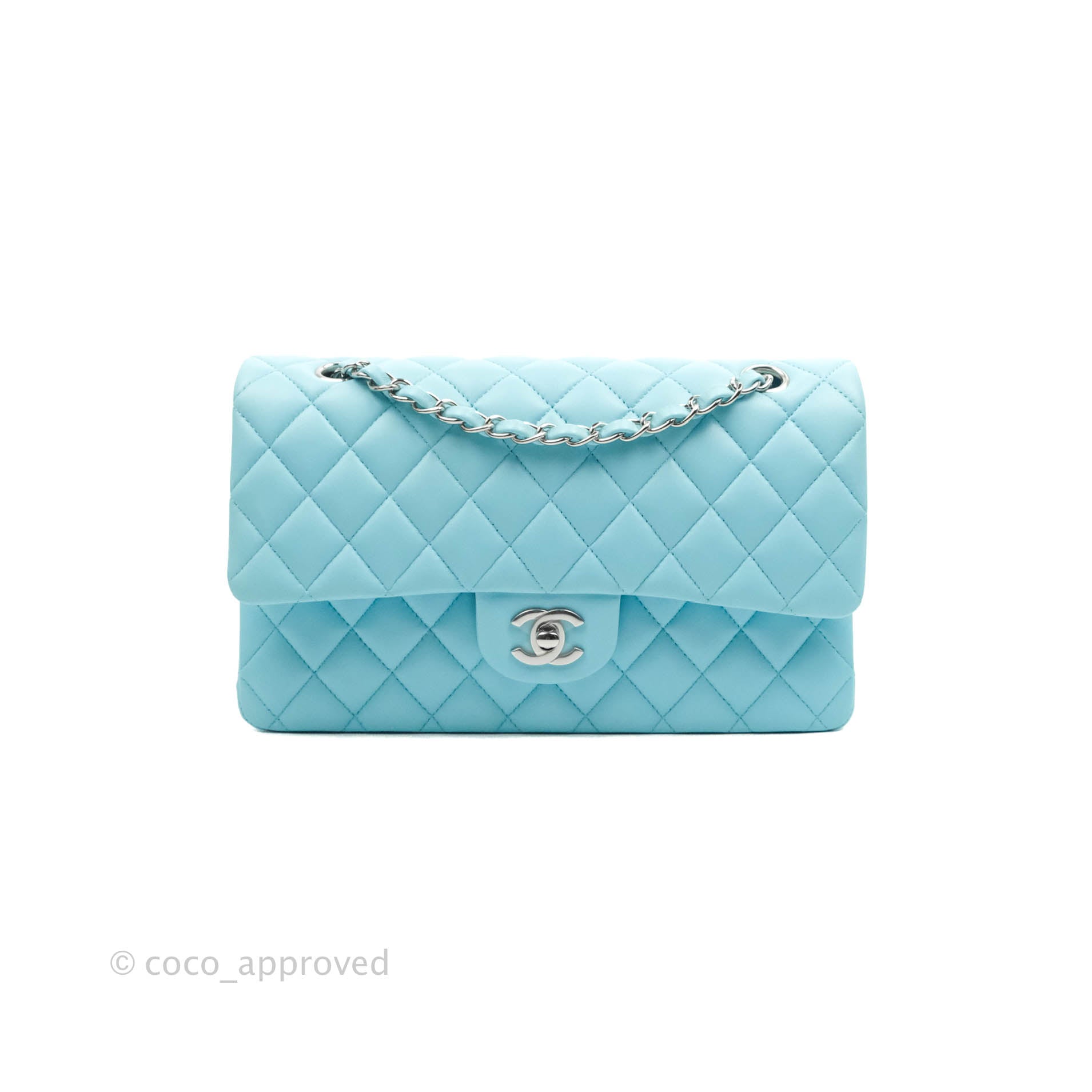 Chanel Classic Medium Double Flap Bag in Tiffany Neon Blue Lambskin with Silver Hardware 21S Collection - Perfect for Evening Events & Luxury Fashion Accessories