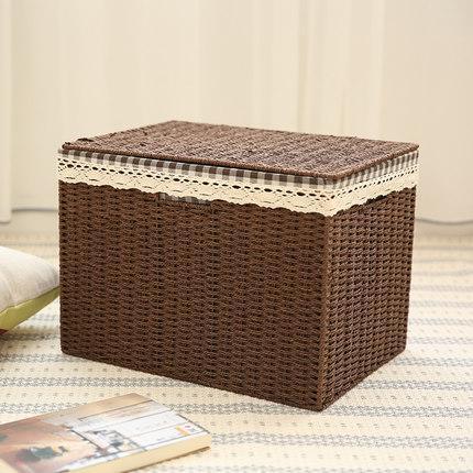 Large Deep Brown & Cream Woven Straw Storage Basket with Cover - Rectangle Toy & Clothes Organizer for Home, Nursery, or Office Decor