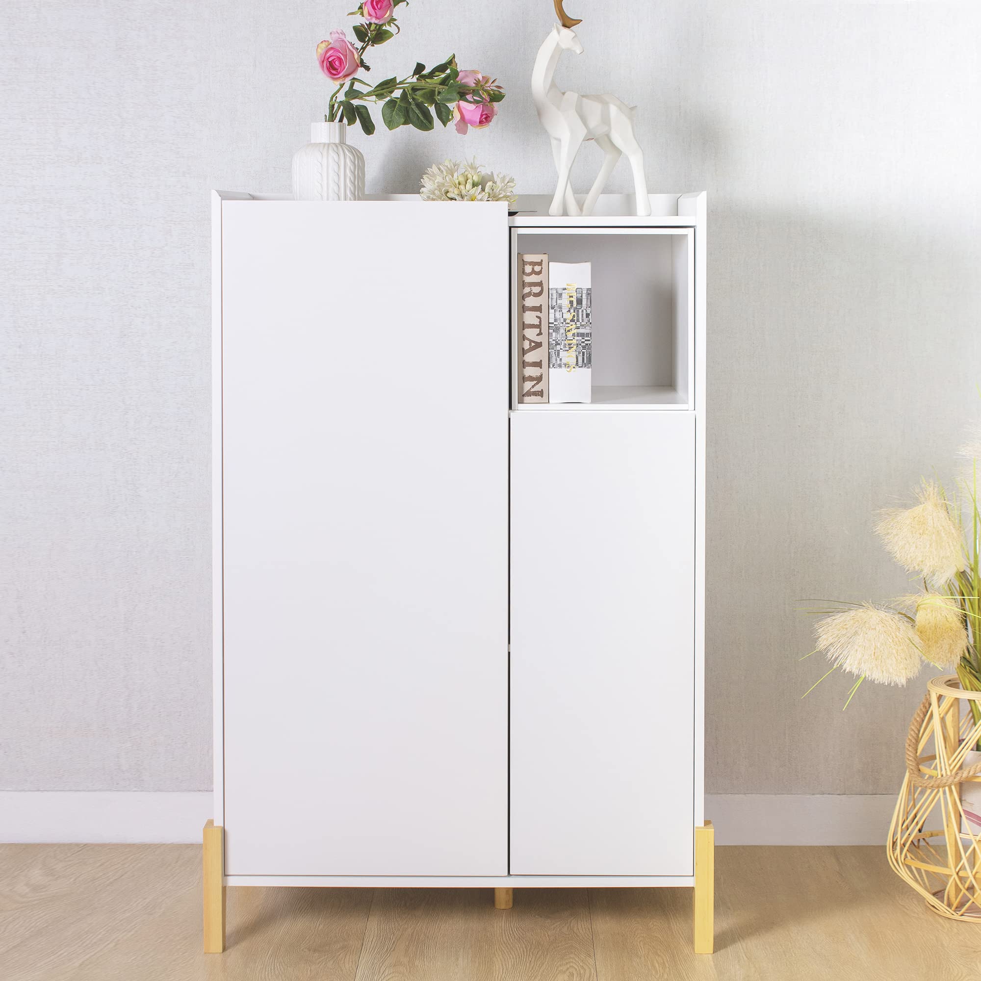 Noskatu White Wooden Floor Cabinet - 2 Doors & Open Shelves Freestanding Storage Cabinet for Kitchen, Living Room, Pantry & Hallway - Perfect for Organizing Dishes, Linens & Home Essentials