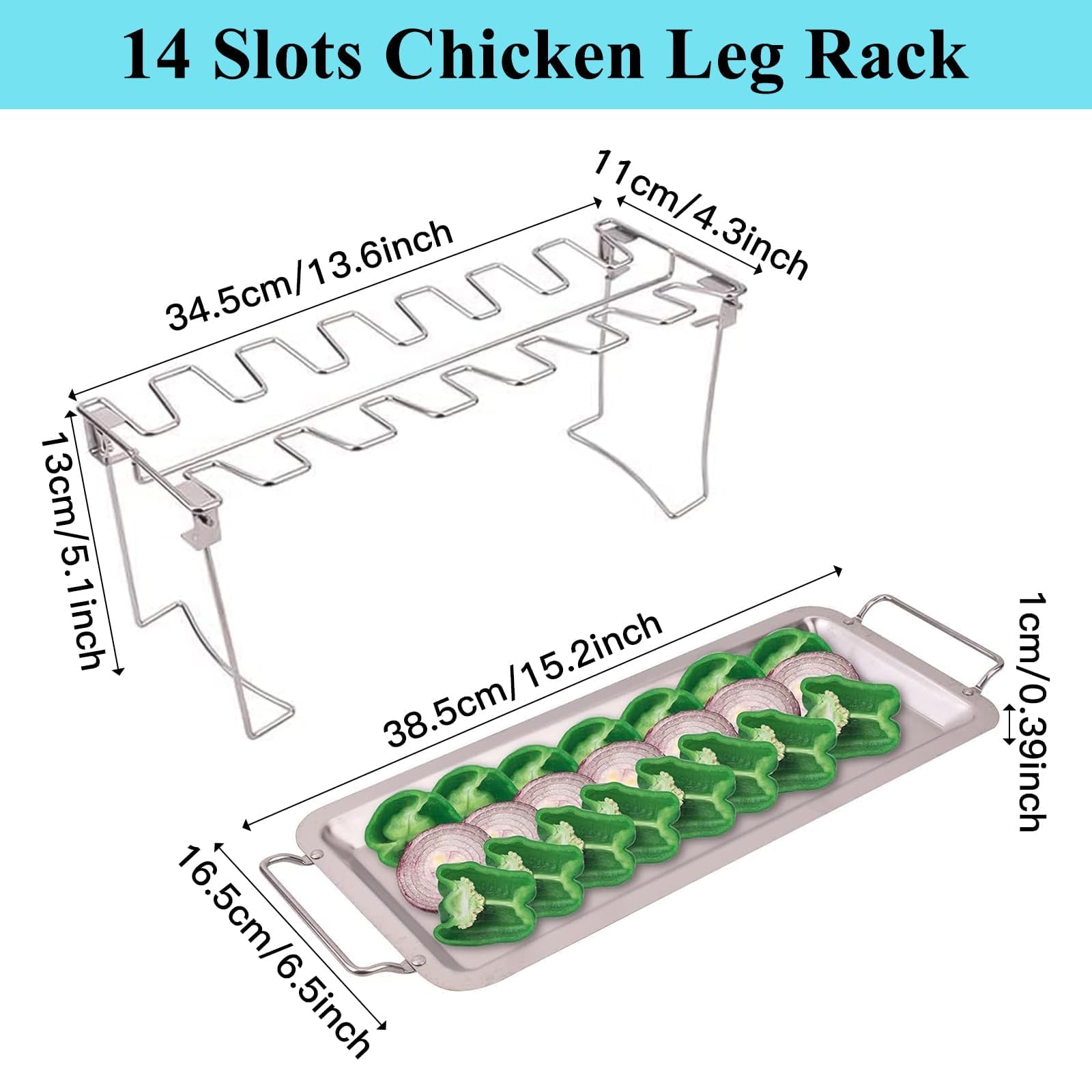 Stainless Steel Chicken Leg Rack for Grill with Drip Tray - 14 Slot Drumstick Holder Roaster Stand for Smoker, Oven, BBQ & Picnic | Perfect for Backyard Grilling, Tailgating & Outdoor Cooking Accessories