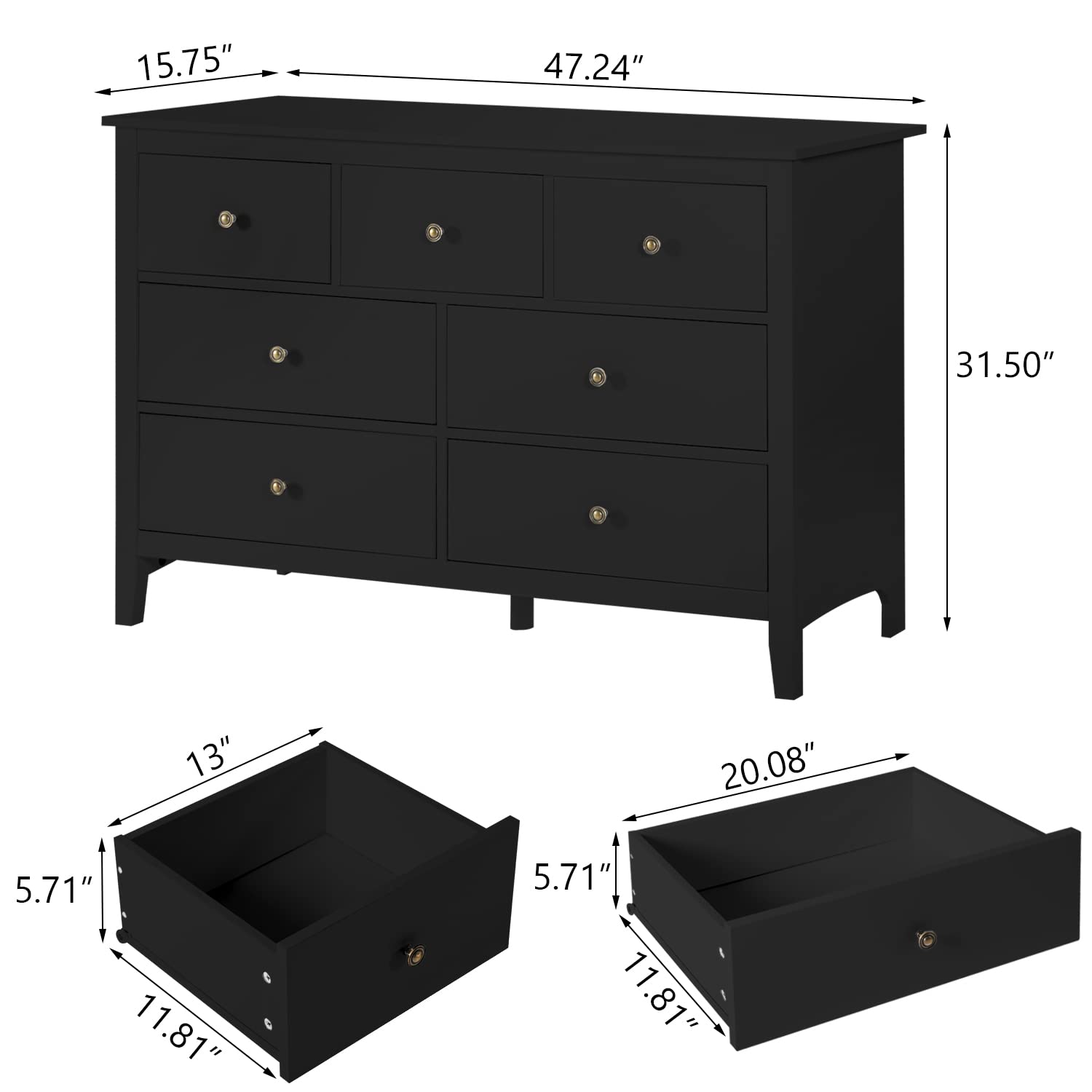 Vikiullf 3-Piece Modern Bedroom Set - Black Wooden 7-Drawer Dresser & 1-Drawer Nightstands, Contemporary Bedroom Furniture for Master Bedroom, Guest Room & Apartment Decor