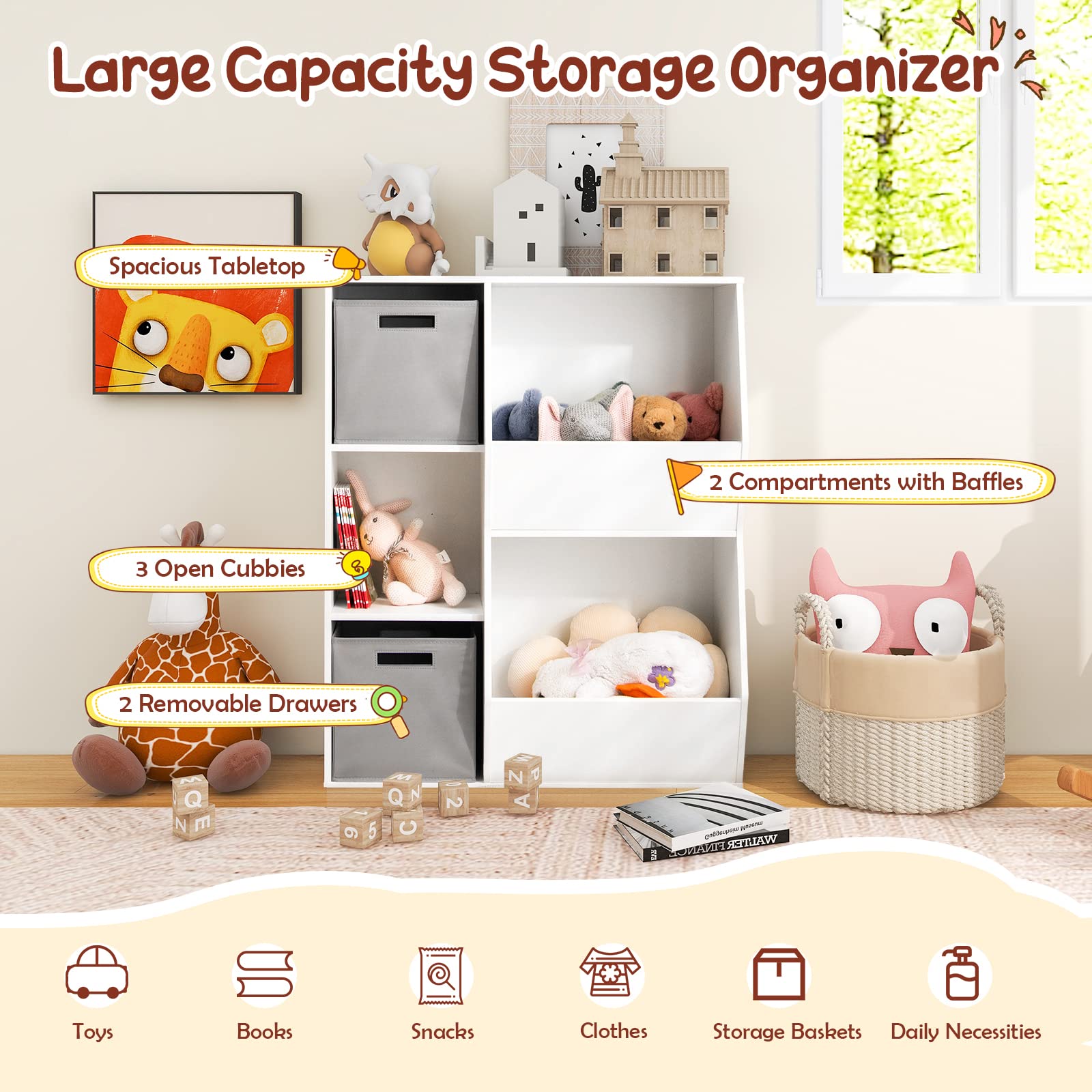 HONEY JOY 5-Cubby Wooden Kids Toy Storage Organizer & Bookshelf with 2 Storage Bins - Playroom, Nursery, Daycare & Kindergarten Toy Display Cabinet for Books, Toys & Organization
