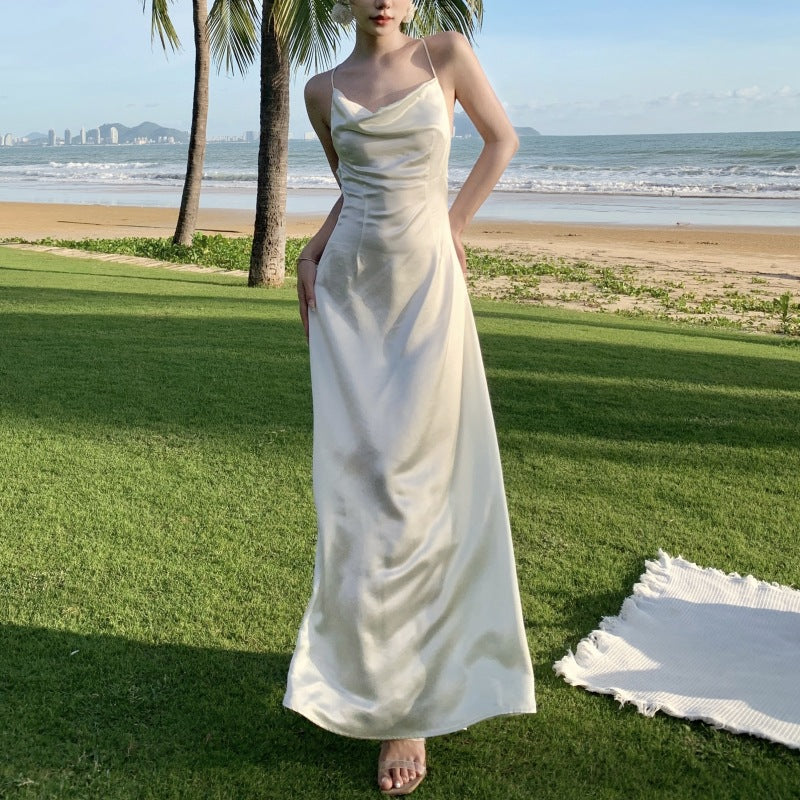Elegant Backless White Satin Long Evening Gown - Formal Prom Dress for Women | Perfect for Homecoming, Wedding Guest & Special Occasions