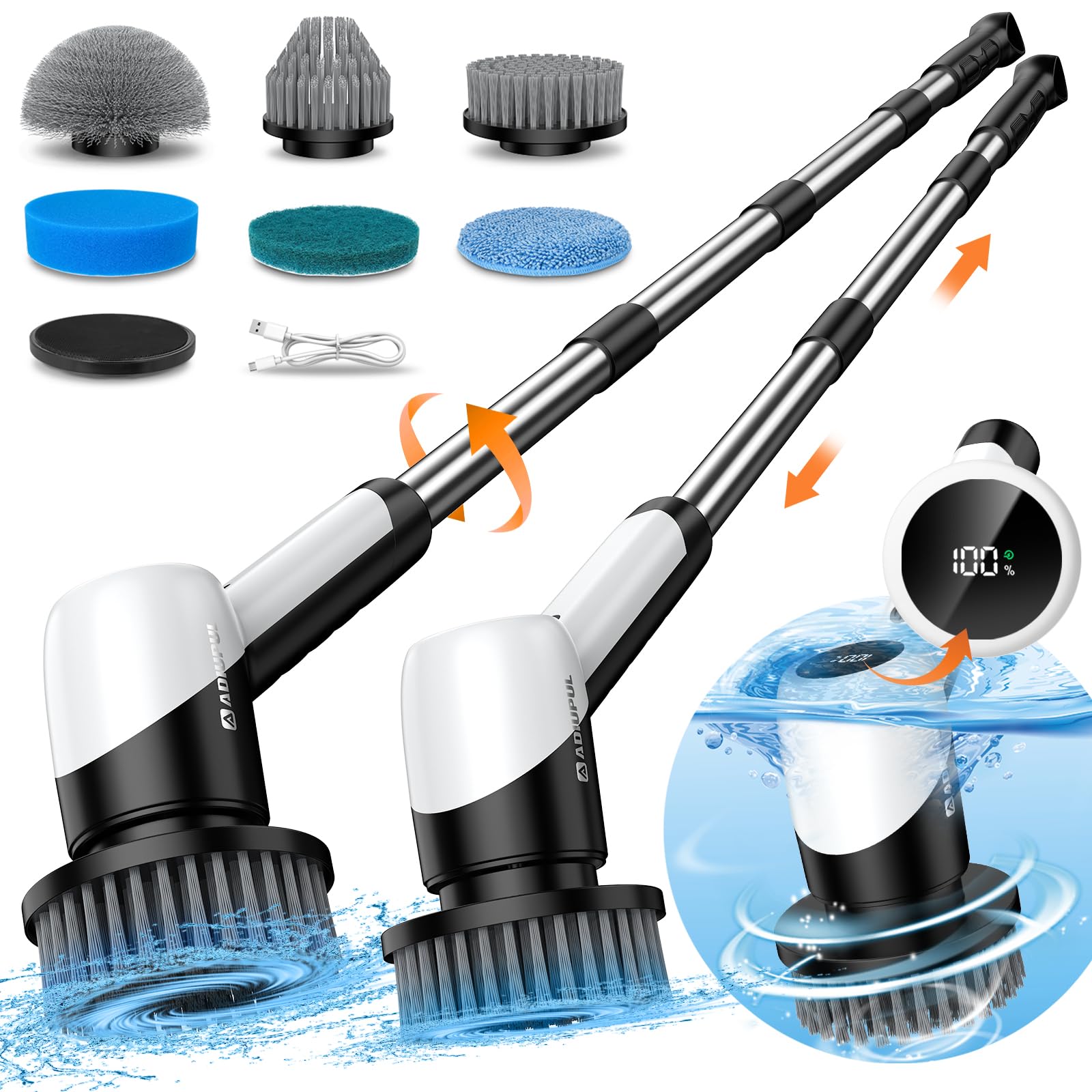55in Cordless Electric Spin Scrubber with Long Handle - 120min Runtime, 5 Adjustable Lengths, 400RPM 20KGF Motor, IPX7 Waterproof - Power Cleaning Brush for Bathroom, Shower, Bathtub, Tile & Grout - Perfect for Deep Cleaning Hard-to-Reach Areas
