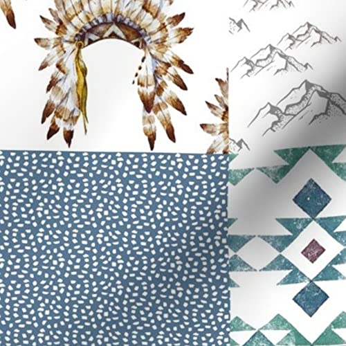 Boys Boho Buffalo Printed Minky Fabric by The Yard - Soft Plush Quilt Backing & Baby Blanket Sewing Material - Woodland Theme in Brown & Blue - Perfect for DIY Quilts, Nursery Decor & Cozy Blankets