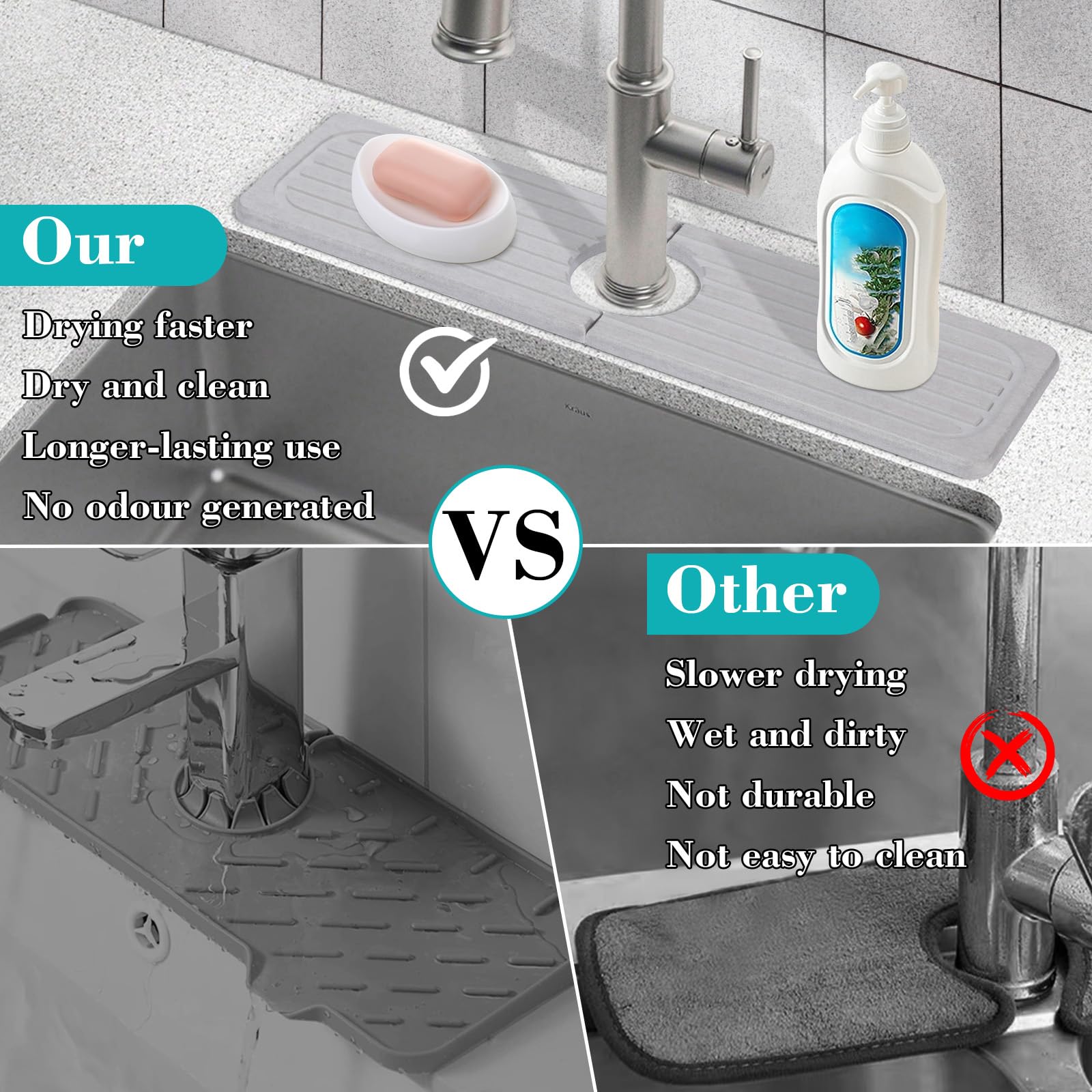 Premium Diatomite Stone Faucet Mat for Kitchen & Bathroom Sink - 15.7x3.9 Inch Quick Dry Non-Slip Counter Mat - Prevents Moisture & Water Spills - Perfect for Dishwashing, Handwashing & Countertop Protection (Gray)