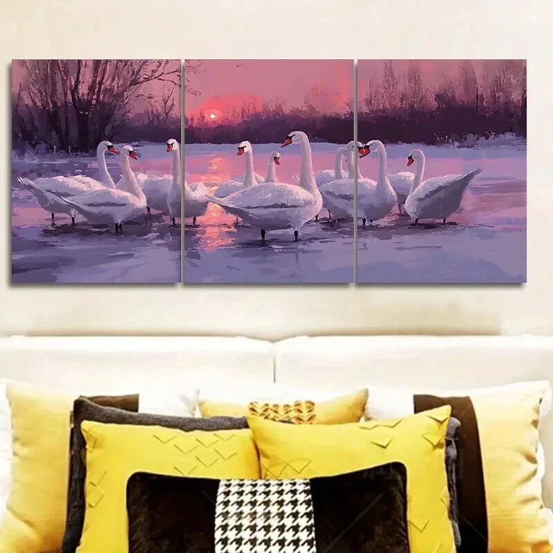 3-Piece Framed Canvas Wall Art Set - Flock of Swans in Lake Landscape Painting (50x70cm) | High Quality Print | Australian Made | Ready to Hang | Perfect for Living Room, Bedroom & Office Decor