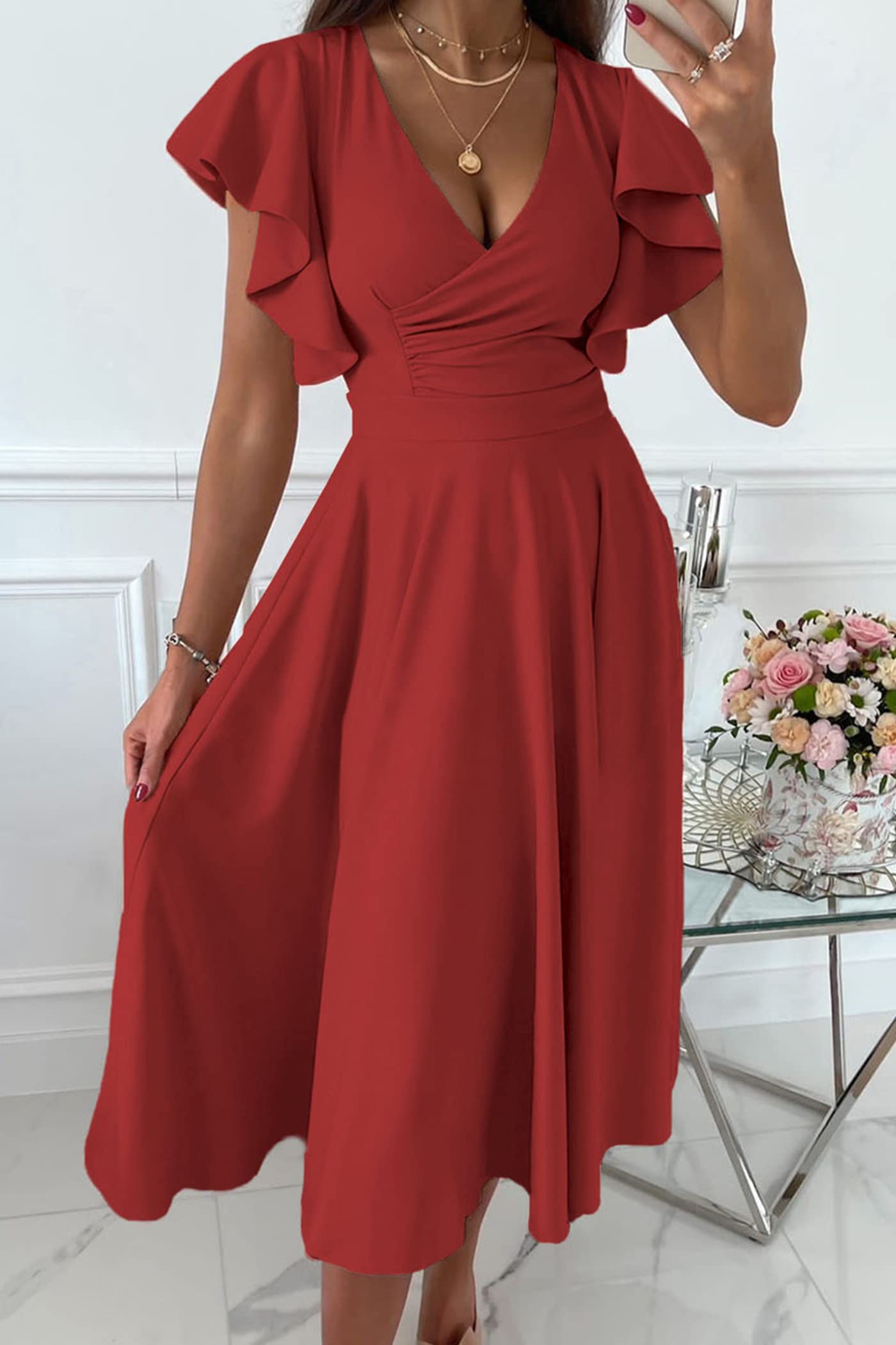 PRETTYGARDEN Women's Summer Midi Dress 2025 - Floral Print Ruffle Sleeve V-Neck A-Line Cocktail Dress for Wedding Guest, Party & Special Occasions | Perfect for Spring, Summer & Beach Vacations