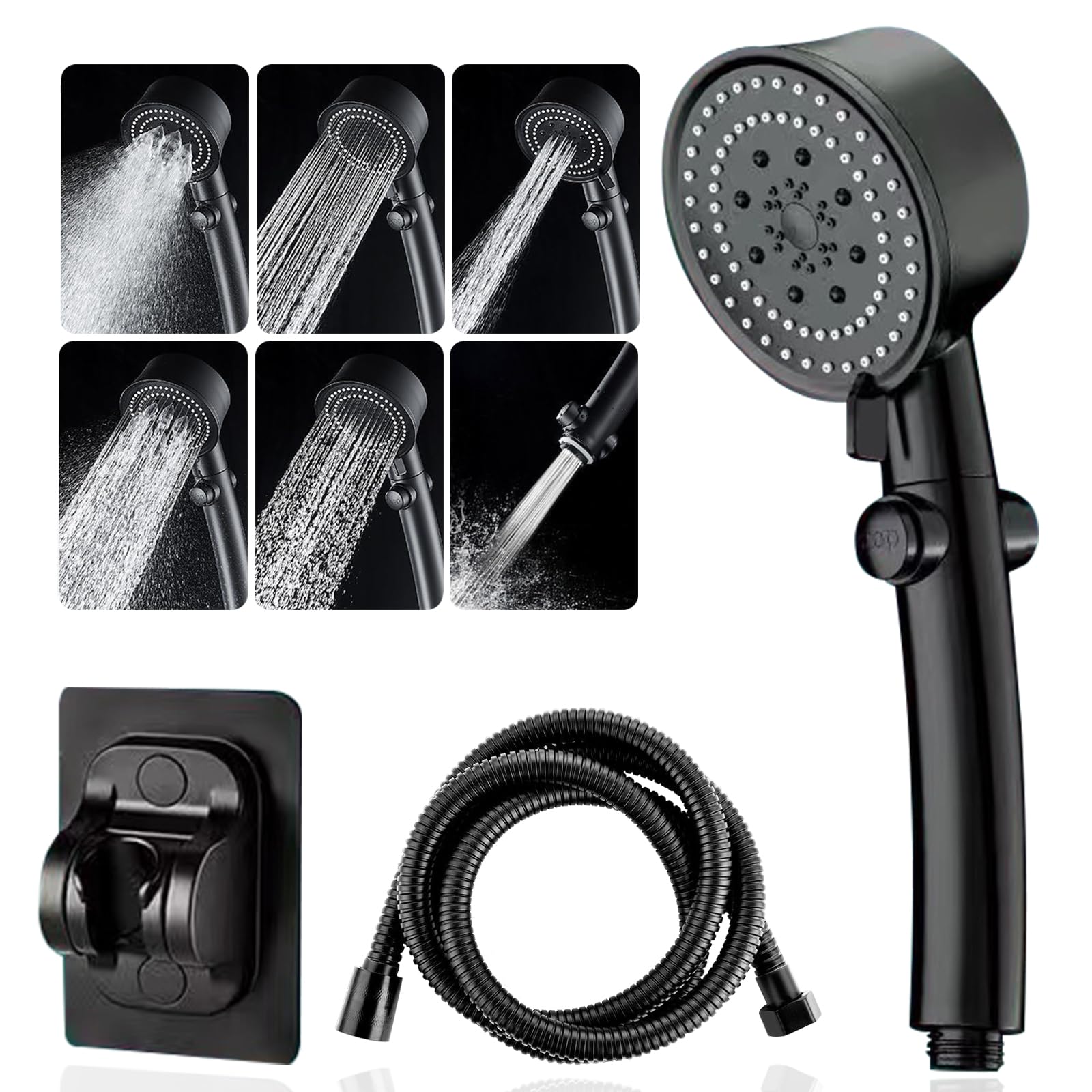 SUNZOS High Pressure Shower Head with 1.5m Hose - 6 Adjustable Spray Modes, Water Saving Design with Holder - Perfect for Bathroom, Spa, and RV Use