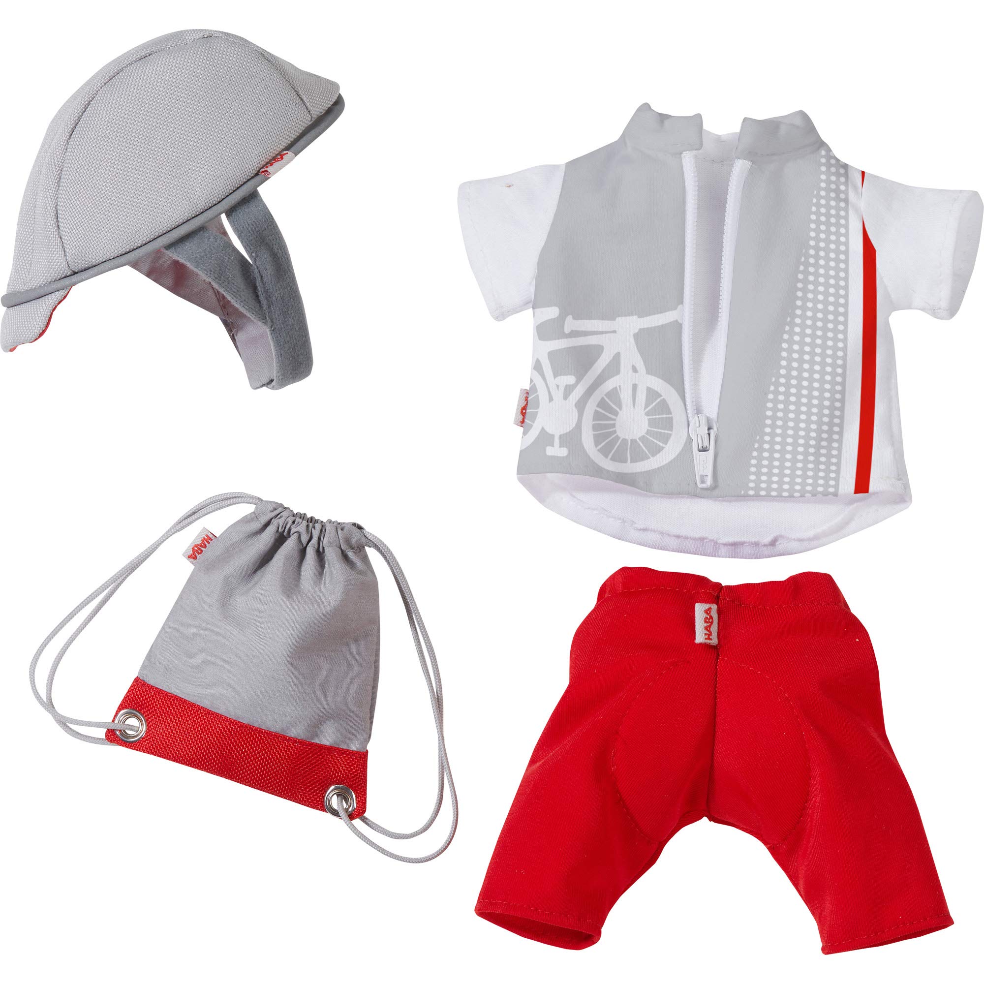 HABA 12 Inch Baby Doll Clothes Set - Bike Time Outfit with Helmet, Leggings, Shirt & Backpack | Doll Accessories for Pretend Play & Gift Giving