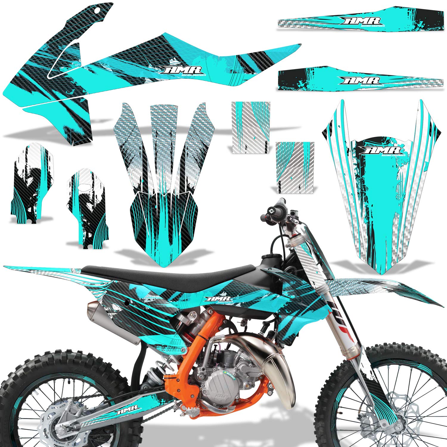 AMR Racing MX Dirt Bike Graphics Kit - Sticker Decal & Number Plates for KTM 85 SX (2018-2020) | Carbon X Teal Design | Motocross Customization & Track Racing Accessories
