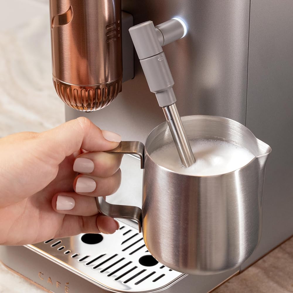 Café Affetto Automatic Espresso Machine with Milk Frother - Built-In Adjustable Coffee Grinder - 90 Second One-Touch Brewing - 1.2L Stainless Steel (C7CEBBS2RS3) - Perfect for Home Baristas & Office Coffee Stations