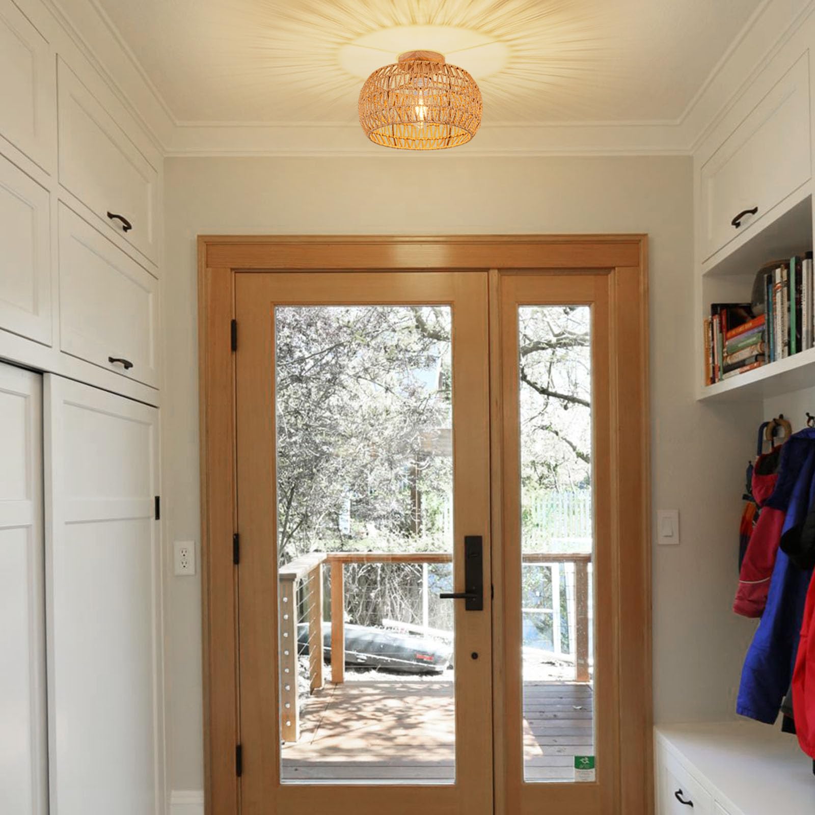 Hand-Woven Rattan Chandelier Light Fixture - Boho Flush Mount Ceiling Lamp for Kitchen, Nursery, Farmhouse & Bedroom | Natural Wicker Pendant Lighting for Cozy Home Decor & Dining Room Ambiance