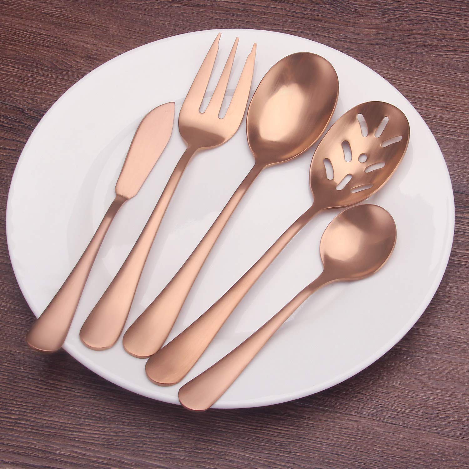 SHARECOOK Matte Rose Gold 5-Piece Stainless Steel Serving Set - 18/0 Hostess Utensils with Round Edge & Satin Finish (Spoons, Forks, Butter Knife & Slotted Spoon) | Dishwasher Safe | Perfect for Dinner Parties, Buffets & Elegant Table Settings