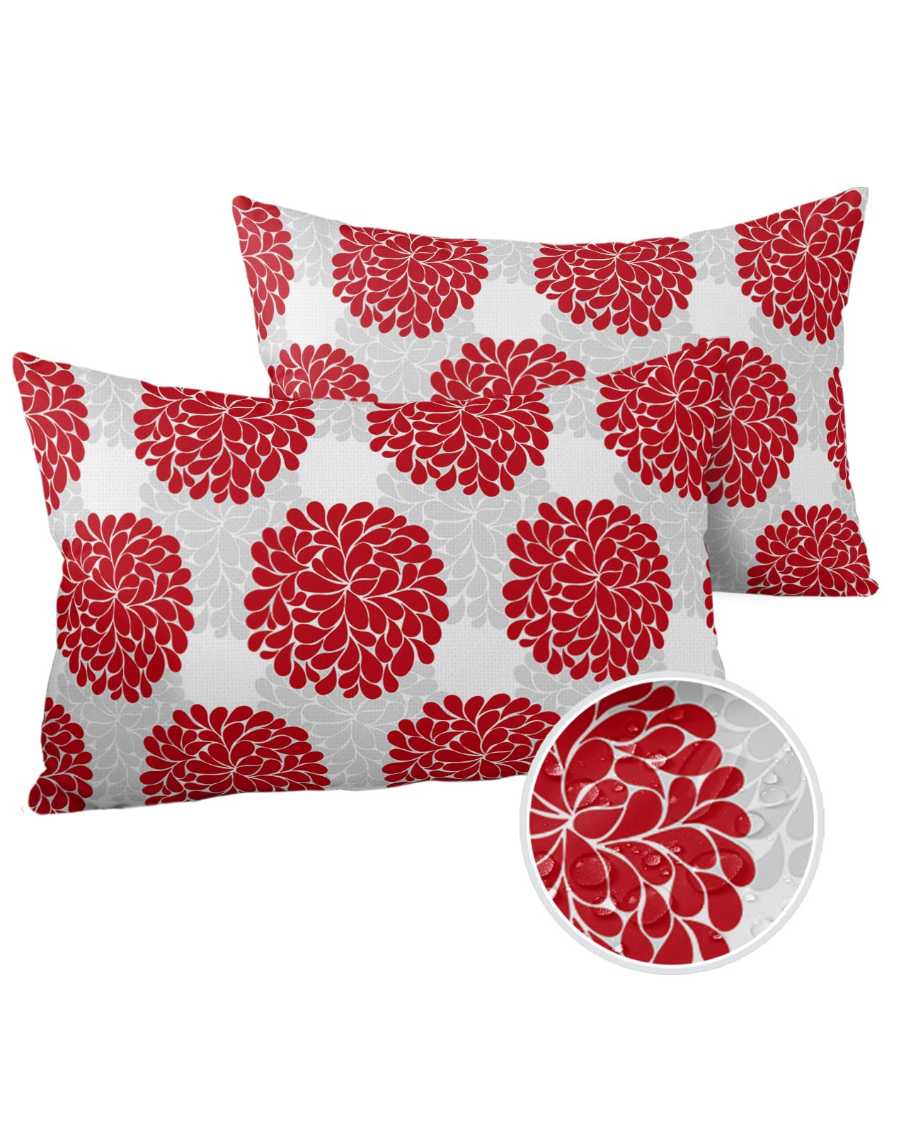 Waterproof Outdoor Throw Pillow Cover Set of 2 - 20x12 Inch Hydrangea Floral Lumbar Pillow Cases in Red & Grey for Patio Furniture, Garden Decor, Couch & Sofa - All-Weather Decorative Cushion Covers for Porch, Poolside & Backyard Relaxation