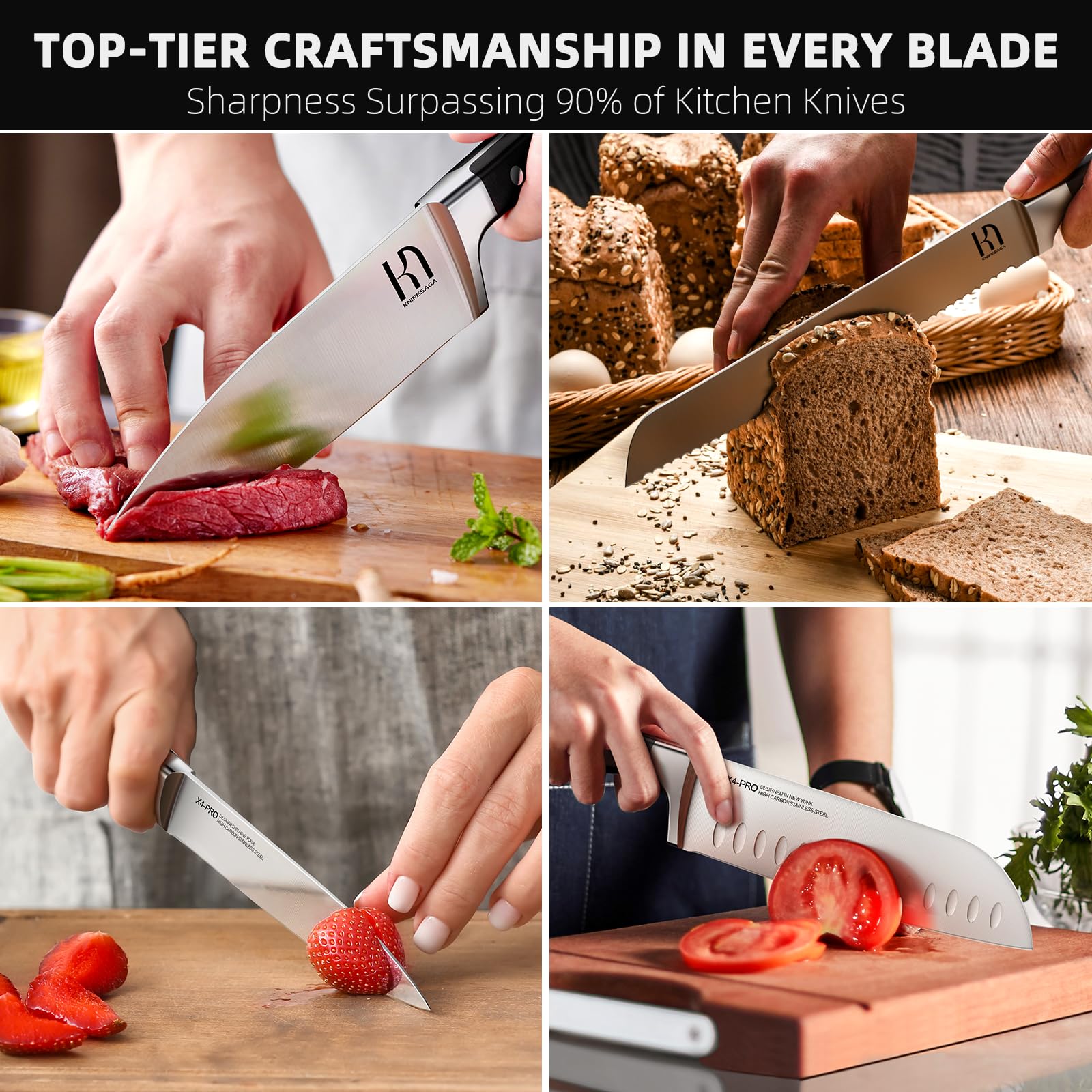 15-Piece Premium Japanese High Carbon Stainless Steel Knife Set with Block & Sharpener - Razor-Sharp Chef Knives for Professional Cooking, Meat Cutting & Food Prep - Durable Black Kitchen Knife Block Set for Home & Restaurant Use