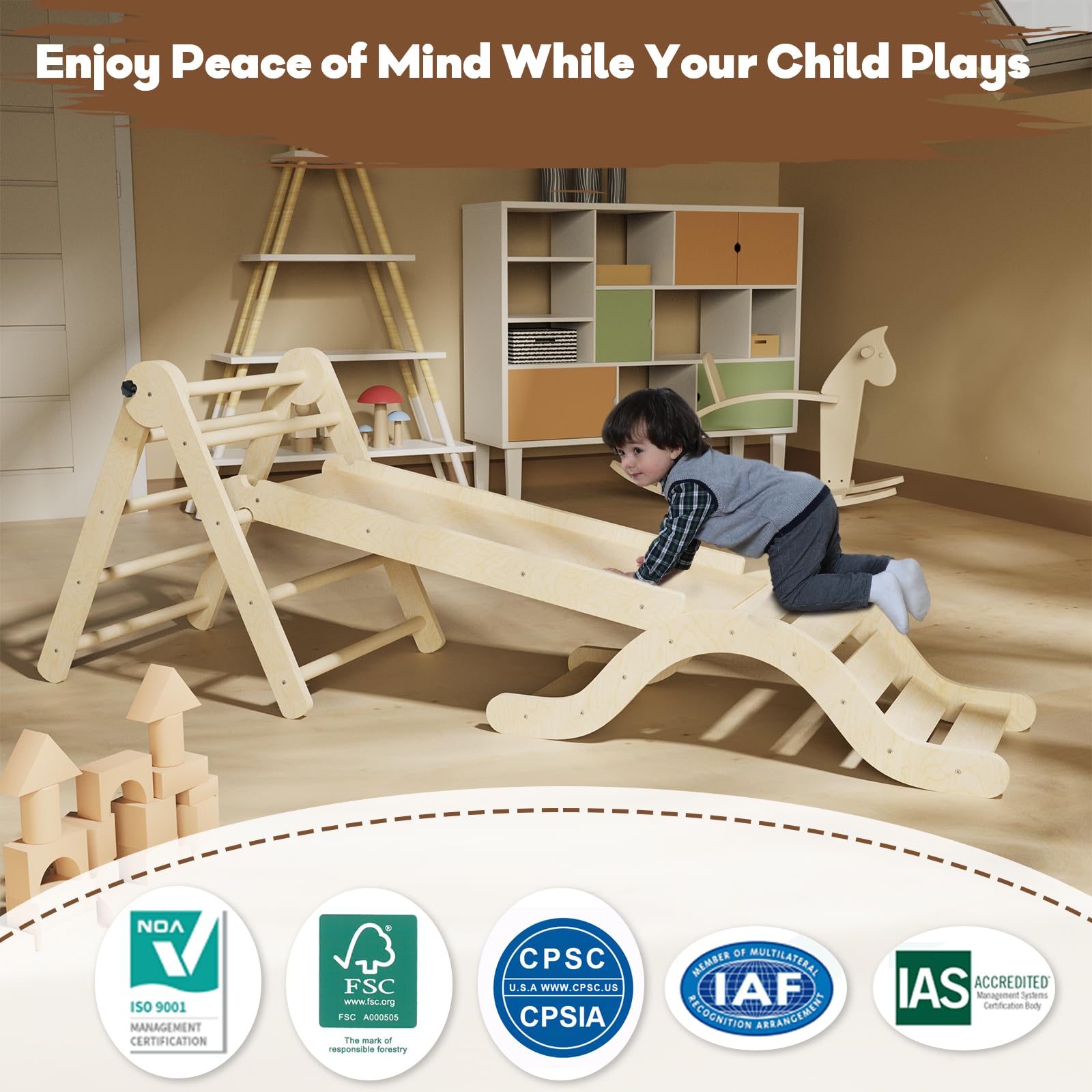 7-in-1 Foldable Wooden Pikler Triangle Climbing Set for Toddlers 1-3 Years - Indoor Jungle Gym with Arch, Ramp, Ladder & Play Mat - Perfect for Montessori Learning, Gross Motor Skills Development & Safe Home Play