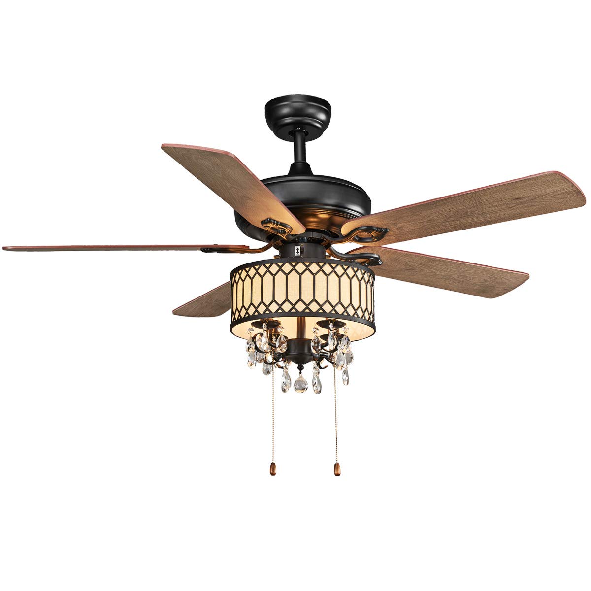 Tangkula 52 Inch Crystal Ceiling Fan with LED Lights - Modern Chandelier Ceiling Fan with Pull Chain Control, 5 Reversible Iron Blades & Silent Motor - Perfect for Living Room, Bedroom, Dining Room (Black)