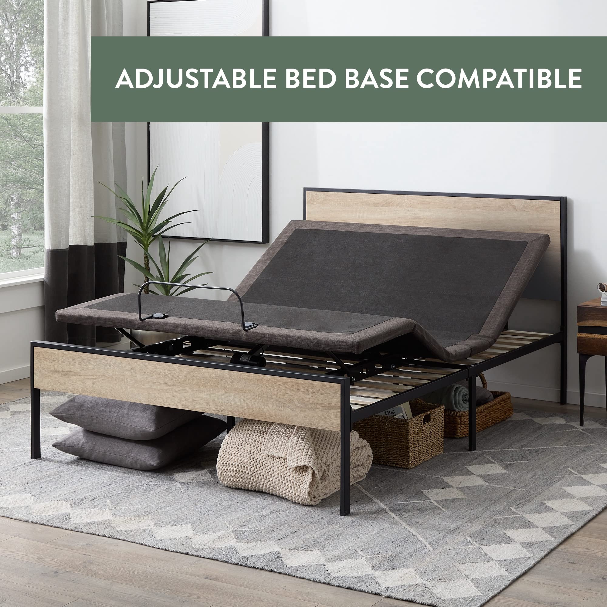 Edenbrook Queen Size Metal Platform Bed Frame with Wood Headboard & Footboard - White Oak Finish - No Box Spring Needed - Perfect for Modern & Minimalist Bedrooms