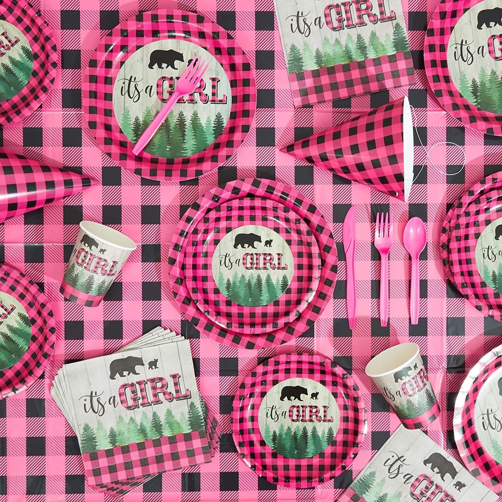 Sparkle and Bash Buffalo Plaid Table Covers for Baby Showers - 54 x 108 Inch Waterproof Party Tablecloths (3 Pack) - Perfect for Girl's Baby Shower, Birthday Parties & Holiday Decorations