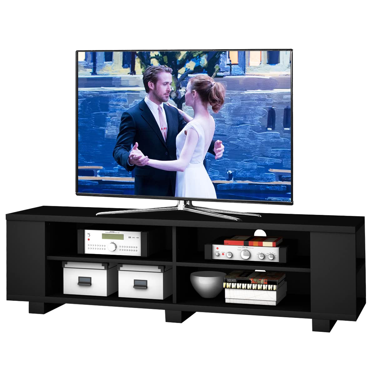 65 Inch Wooden TV Stand with Adjustable Shelves - Modern Black TV Console Table for Living Room, Entertainment Center | Perfect for Home Theater Setup & Media Storage