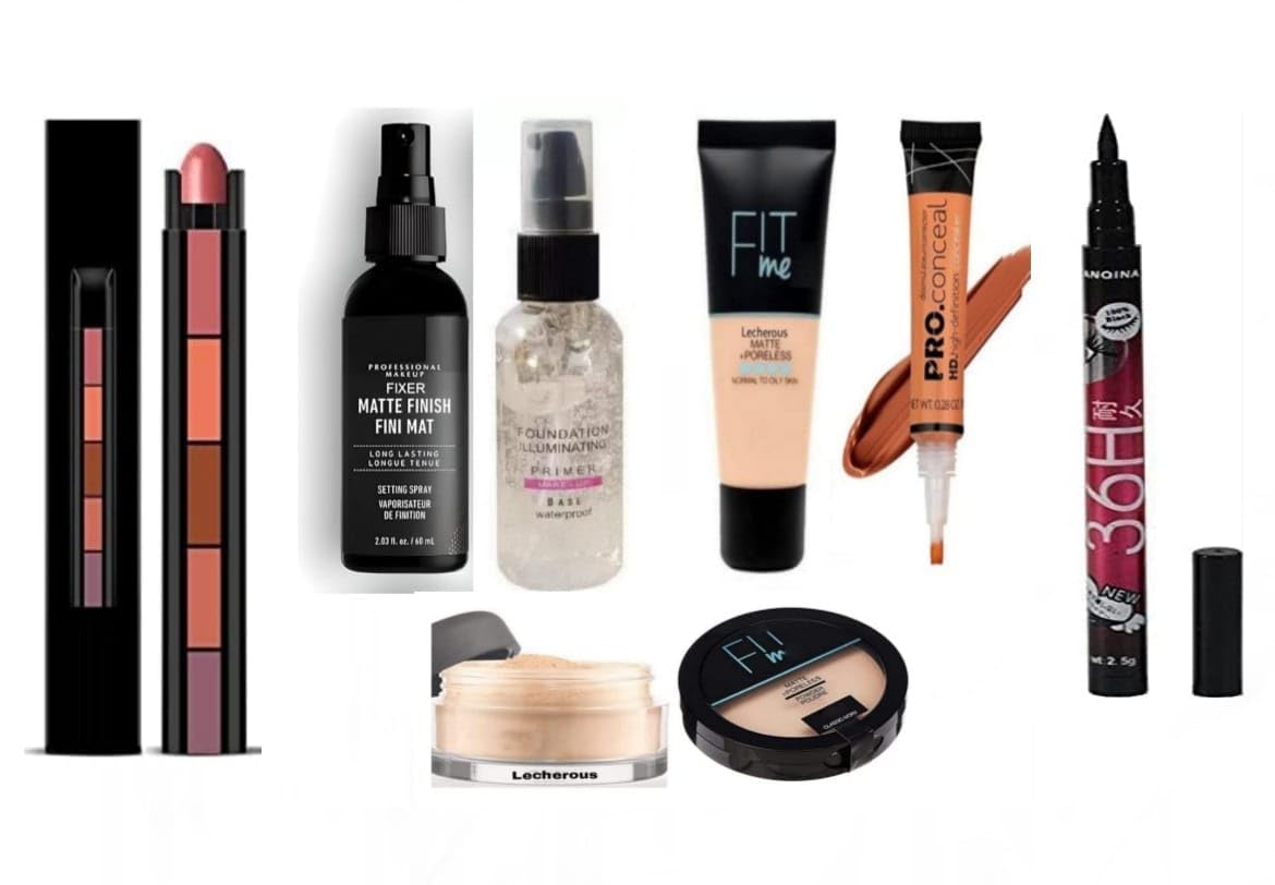 Lecherous Beauty 8-in-1 Makeup Combo Kit - Foundation, Primer, Liquid Concealer, Loose Powder, Compact Powder, 5-in-1 Lipstick, 36H Eyeliner & Setting Spray - Full Face Makeup Essentials for Flawless Coverage - Perfect for Daily Wear, Special Occasions & Professional Makeup Artists