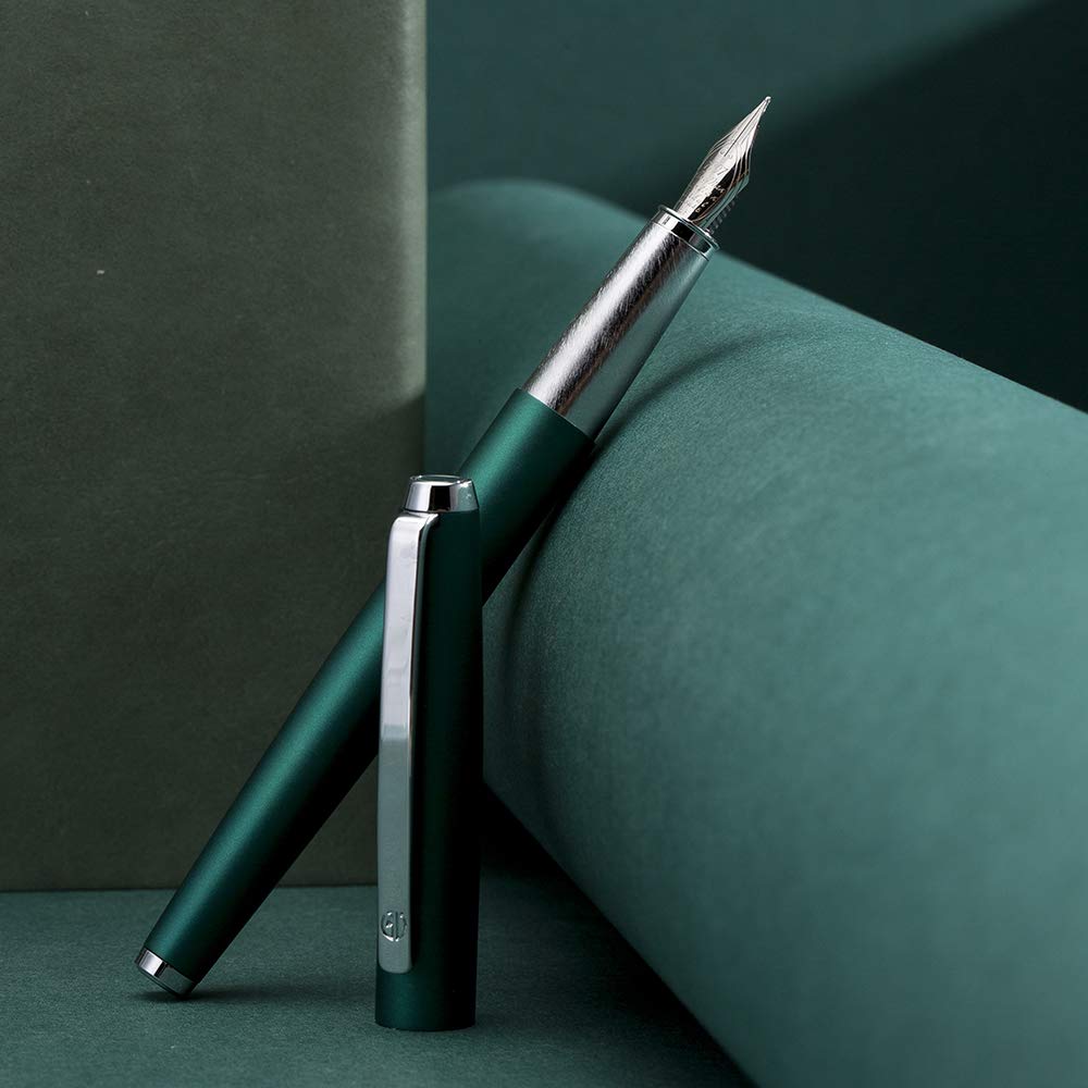HongDian 525 Green Metal Fountain Pen with Bent Nib - 0.6mm Calligraphy Fude Pen Set Includes Converter & Premium Metal Box | Perfect for Letter Writing, Journaling & Artistic Calligraphy