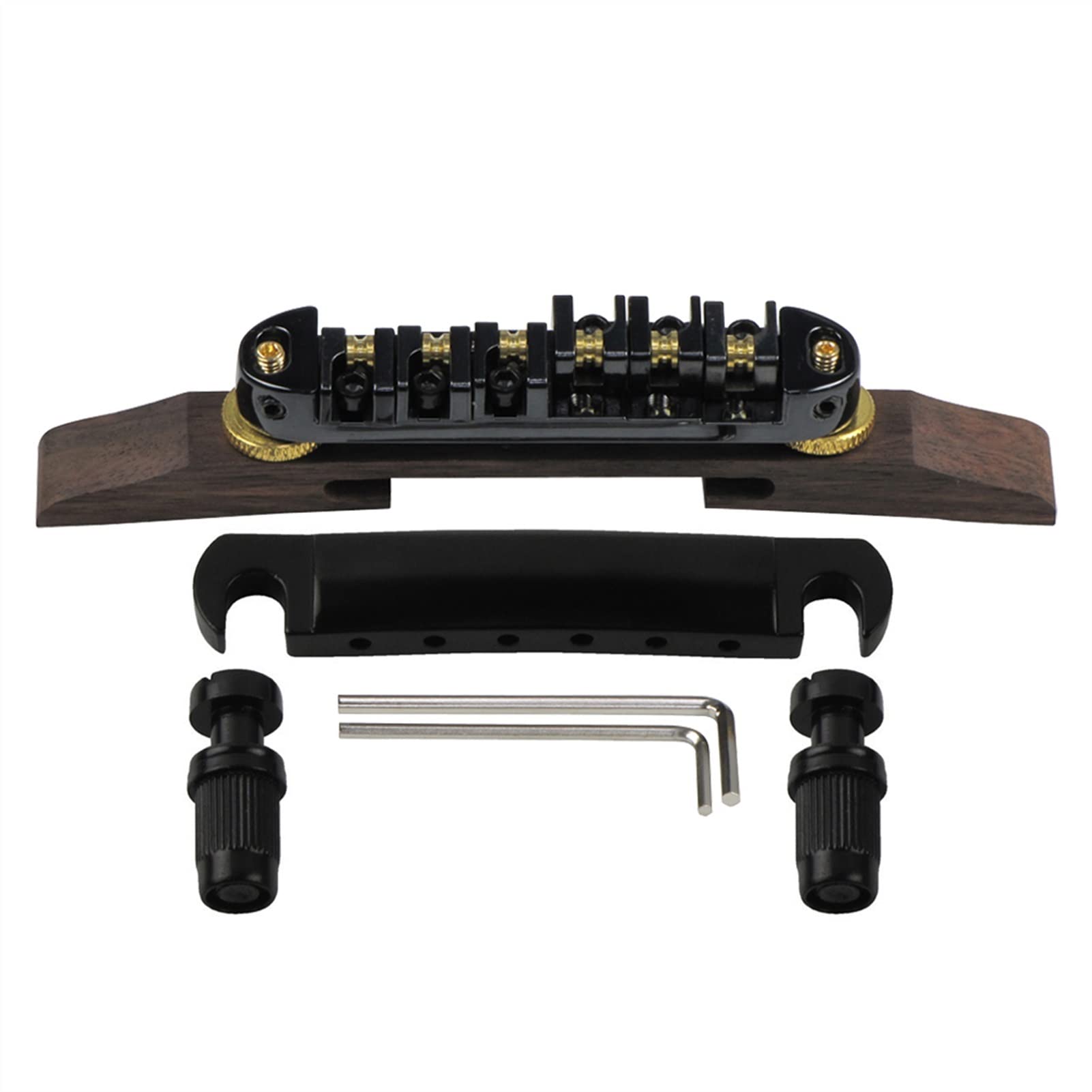 Black Roller Saddles Guitar Bridge with Rosewood Base - Replacement Tailpiece for Archtop Guitars | Perfect for Jazz, Blues & Vintage Guitar Upgrades
