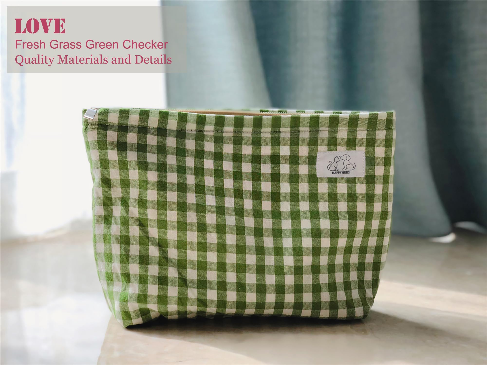 Women's Checkered Canvas Makeup Bag - Cute Green Plaid Cosmetic Pouch for Travel & Daily Use | Waterproof Makeup Organizer with Zipper Closure | Perfect for Gym, Vacation & Gift Giving