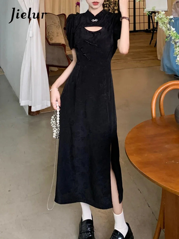Elegant Black Hollow Out Slim Waist Women's Dress - Chinese Style Split Design with Chic Buttons & Puff Sleeves | Perfect for Cocktail Parties, Date Nights & Special Occasions
