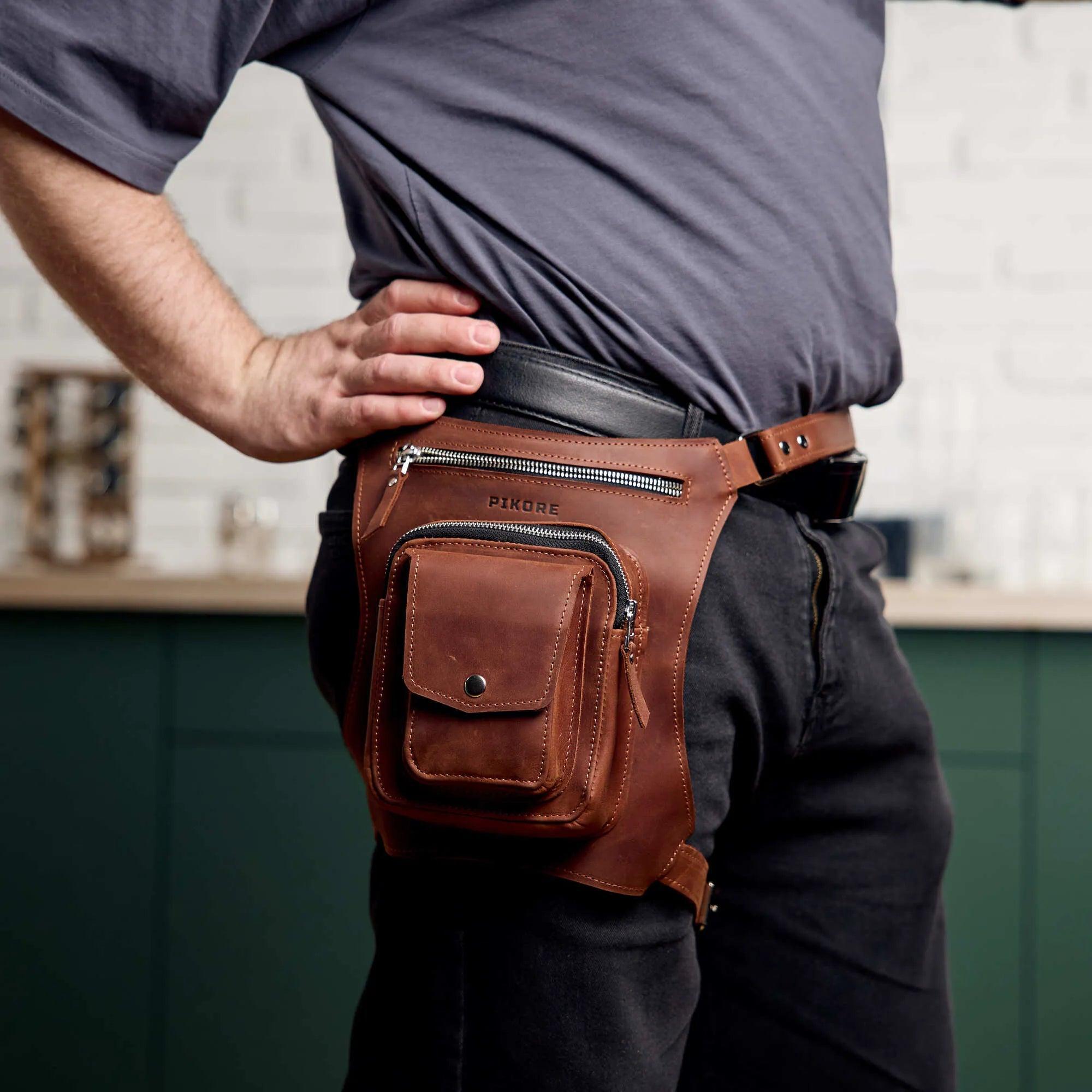 Premium Leather Hip Pack with Adjustable Thigh Strap - Waist Fanny Pack for Travel, Hiking & Outdoor Activities - Hands-Free Crossbody Bag for Men & Women