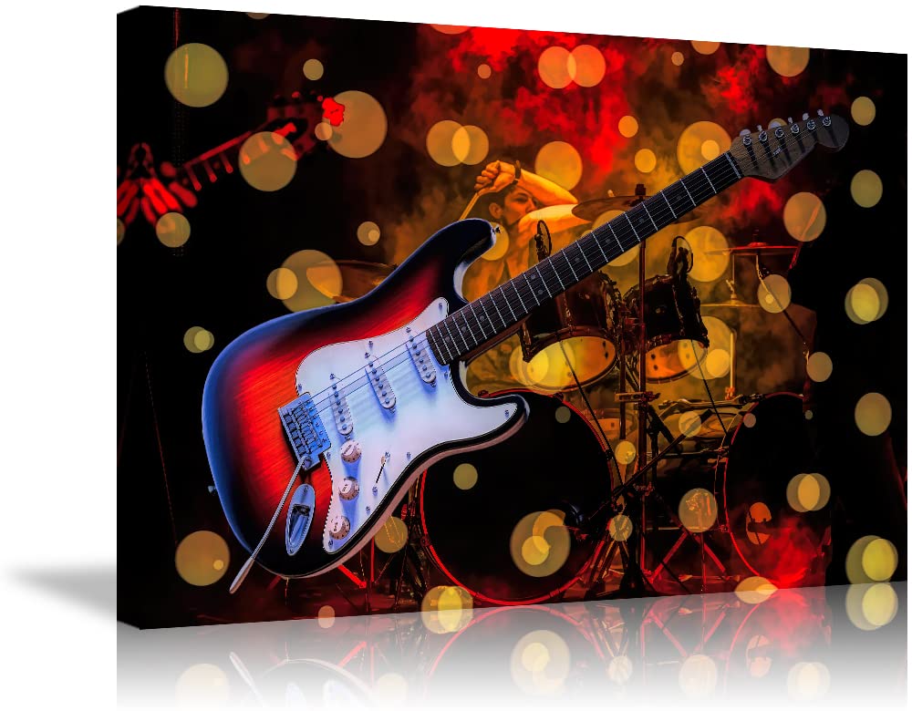 Electric Guitar & Drum Set Canvas Wall Art - Ready to Hang Rock Band Poster (28x40 Inches) for Music Studio, Bedroom & Game Room Decor | Vintage Rock and Roll Theme Music Gift