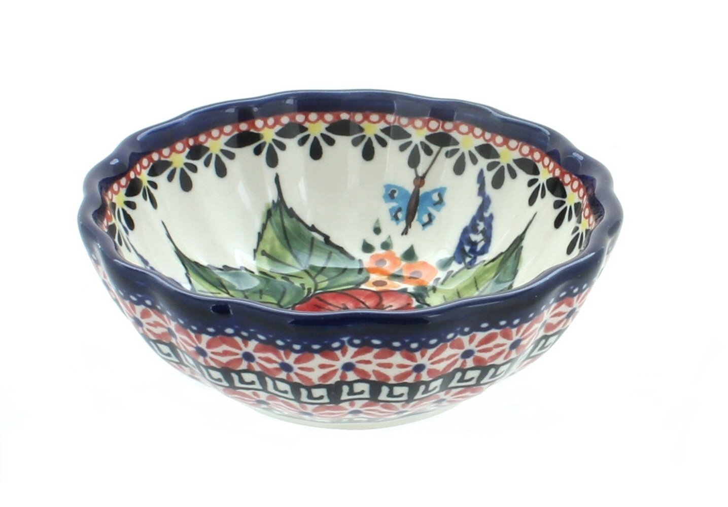 Handmade Blue Rose Polish Pottery Small Scallop Dish with Floral Butterfly Design - Perfect for Serving Appetizers, Desserts & Home Decor