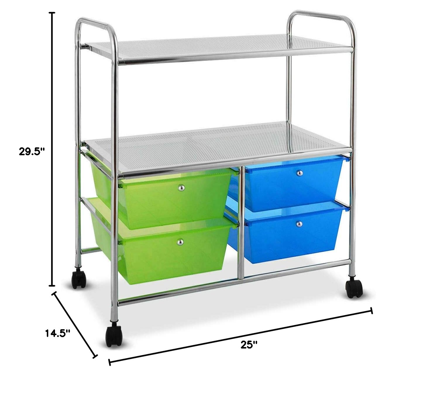 Blue Green 4-Drawer Rolling Storage Cart with 2 Open Shelves - Organize Towels, Toiletries, Books & Office Supplies - Perfect for Kitchen, Bathroom & Office Organization