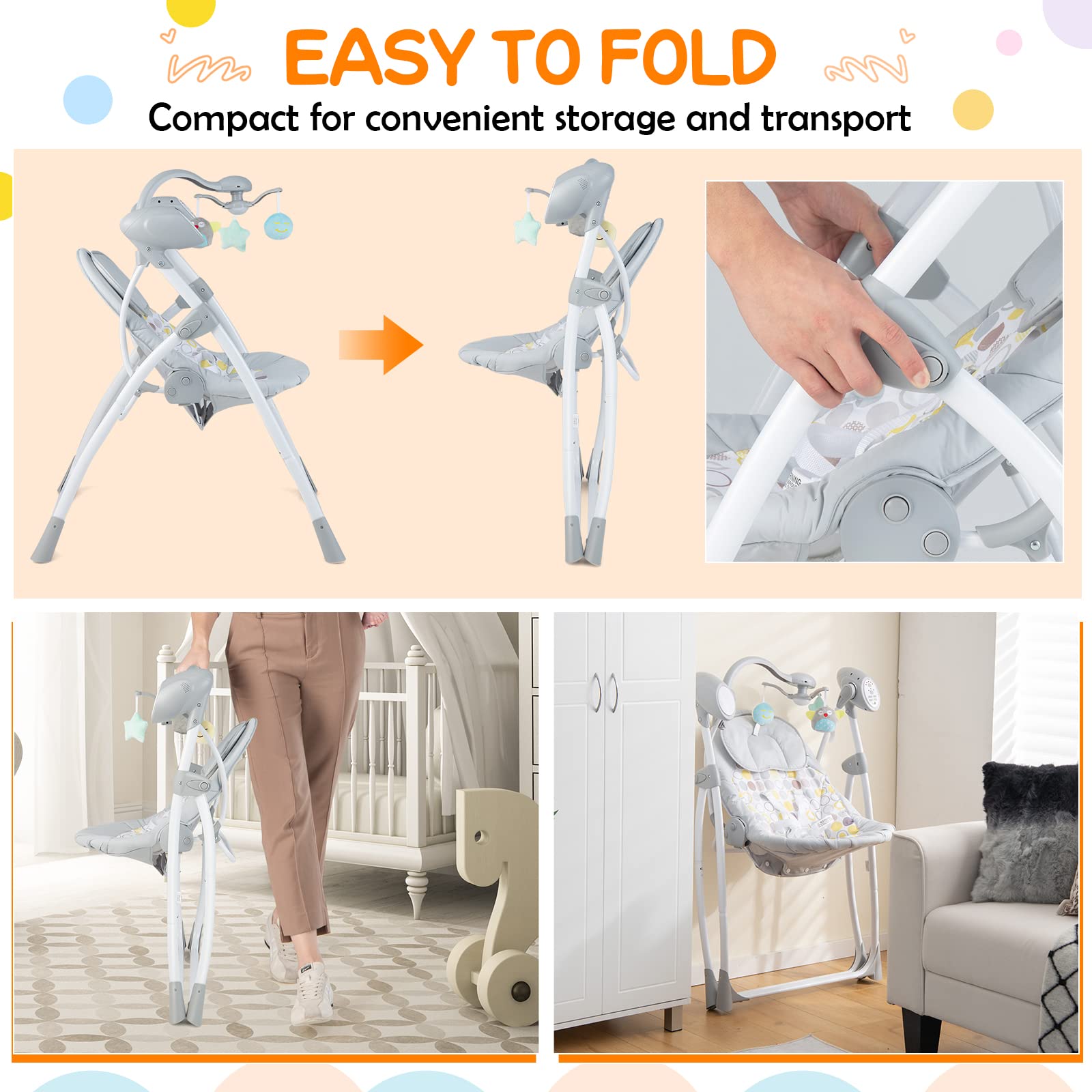 BABY JOY Baby Swing - Portable Electric Infant Rocker with 5 Speed Settings, 3-Position Recline, Timer & Soothing Sounds - Compact Nursery Swing for Newborns (Grey) | Perfect for Bedroom, Living Room & Travel