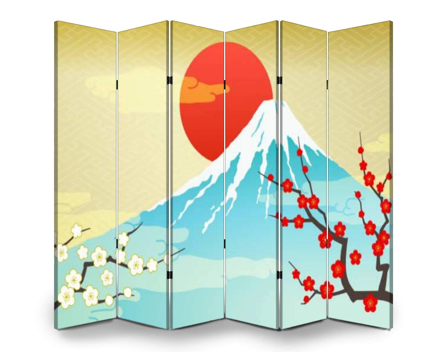 6-Panel Folding Room Divider with Mount Fuji & Sunrise Design - Red & White Plum Blossom Privacy Screen for Indoor/Outdoor Use - Freestanding Partition for Home, Office, or Event Spaces