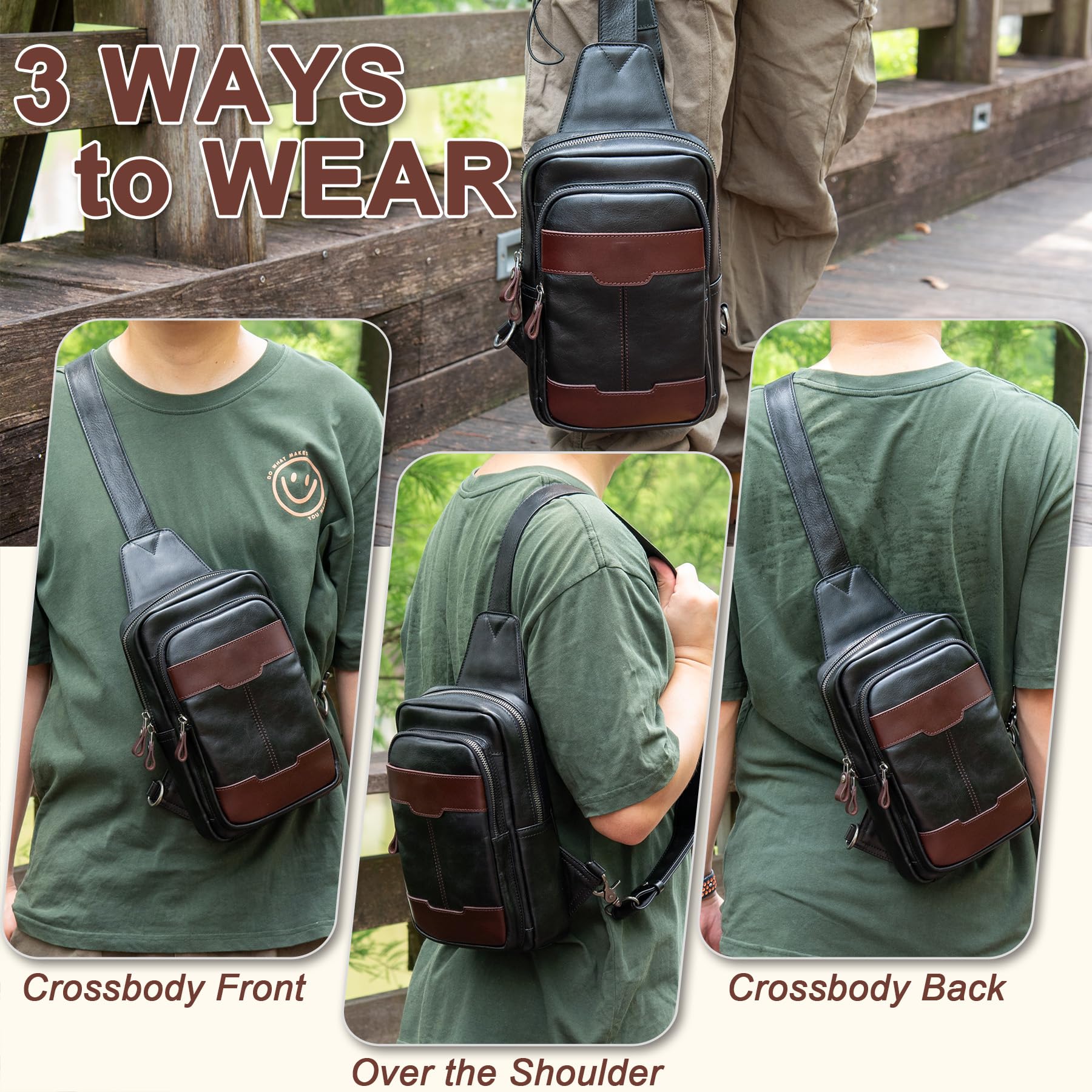 Genuine Leather Crossbody Sling Bag for Men & Women - Adjustable Shoulder Strap, Lightweight Chest Purse for Travel, Hiking & Daily Use