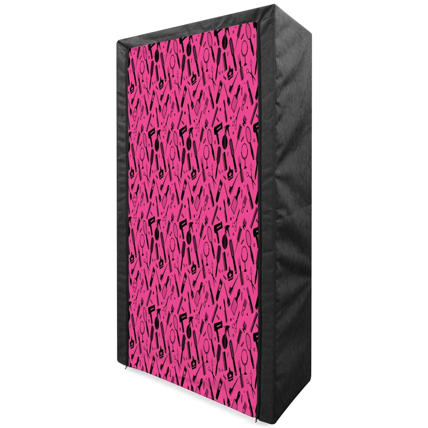 Ambesonne Portable Fabric Wardrobe for Hair Salon - Beauty Salon Organizer with Shelves, Vented Brush, Combs, Mirrors & Scissors - 33.5 Inch Clothing Storage Closet in Hot Pink & Black - Perfect for Salon Professionals & Home Hairdressing Stations