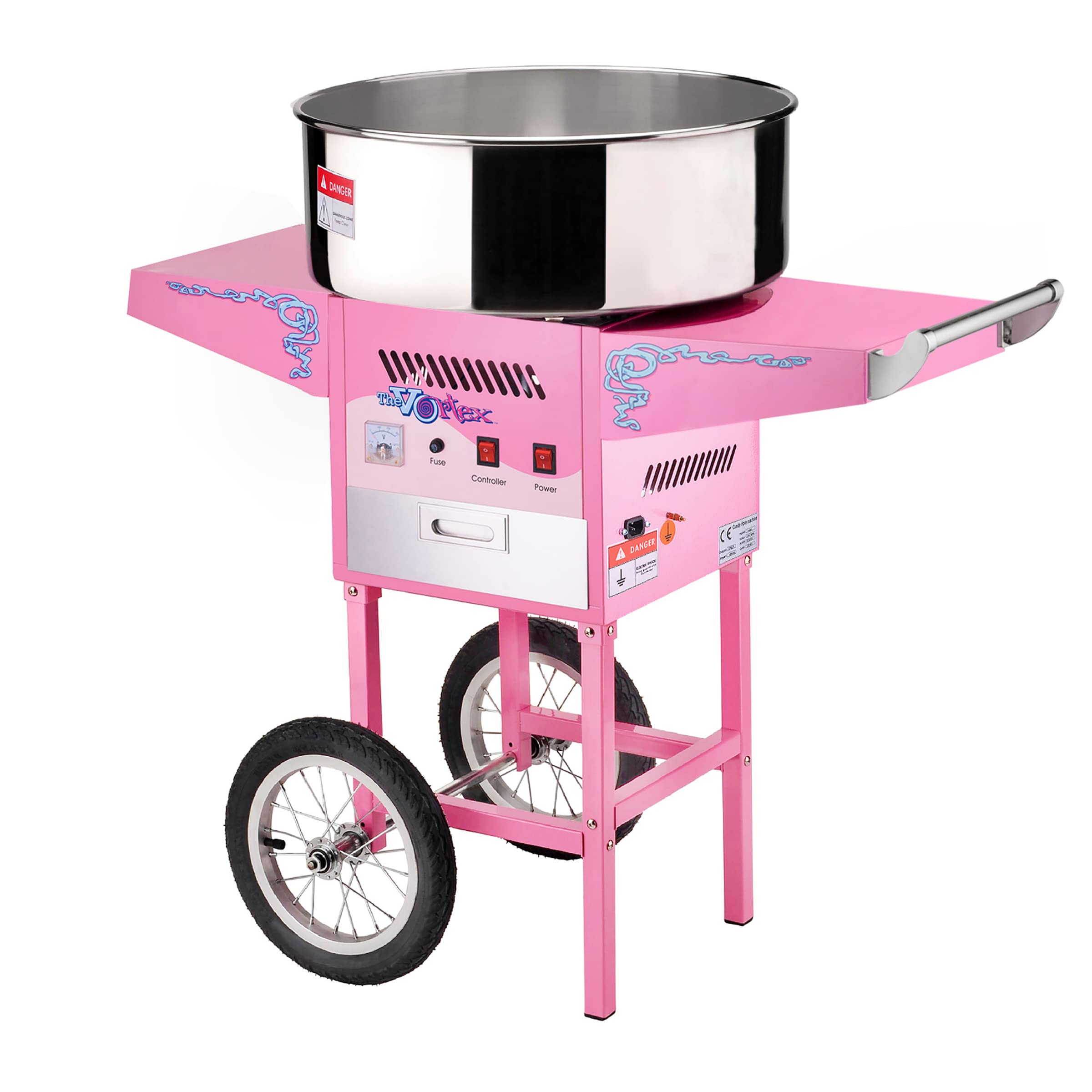 Pink Cotton Candy Machine with Cart - Commercial Grade Vortex Candy Floss Maker with Stainless Steel Bowl, 2 Side Serving Trays & 13