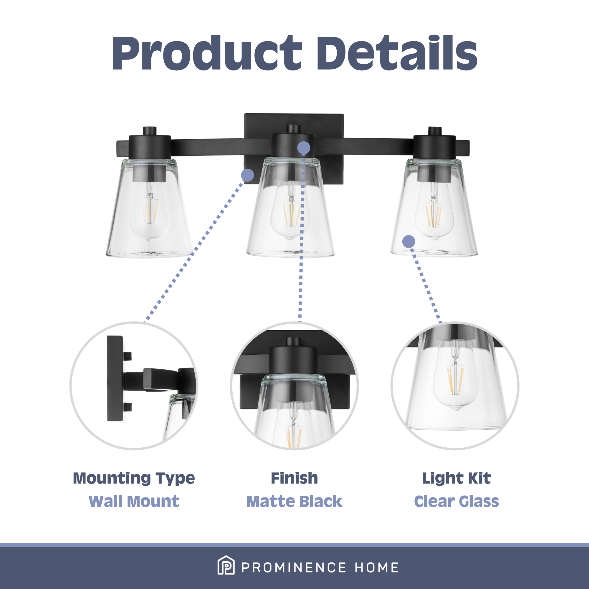 Fairendale 3-Light Vanity Light Fixture with Clear Glass Shades in Matte Black - Perfect for Bathroom, Bedroom, and Dressing Room Lighting
