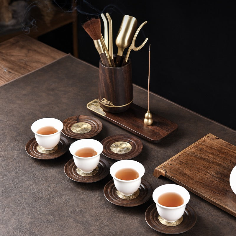 Premium Ebony Wood Tea Set with Cup & Incense Holder - Traditional Japanese Style Tea Ceremony Accessories for Meditation & Relaxation