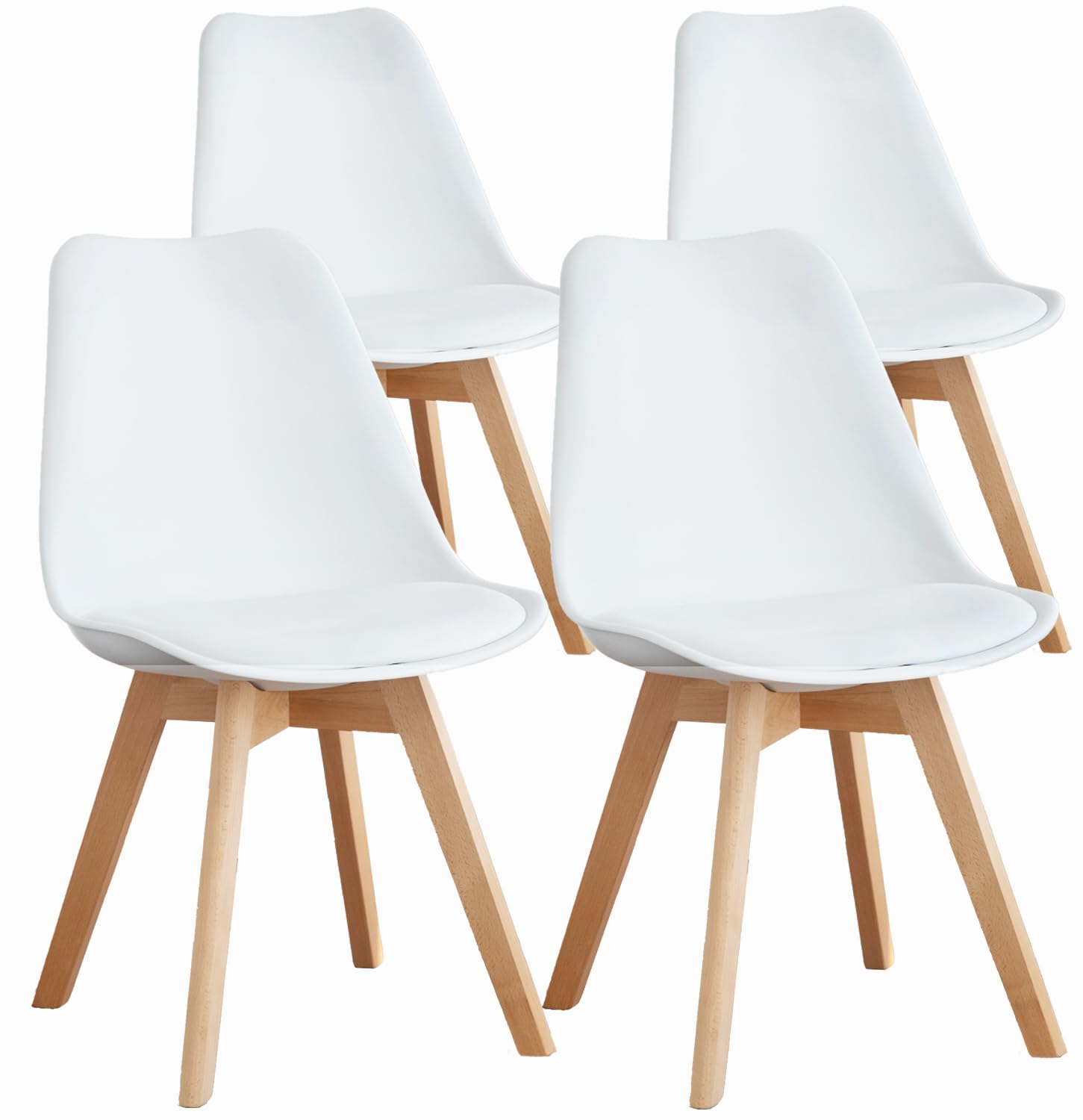 OLIXIS Set of 4 Mid-Century Modern Dining Chairs with Wooden Legs & PU Leather Cushion - White Kitchen Chairs for Dining Room, Living Room, Bedroom or Outdoor Lounge | Perfect for Home Decor, Entertaining Guests & Relaxing